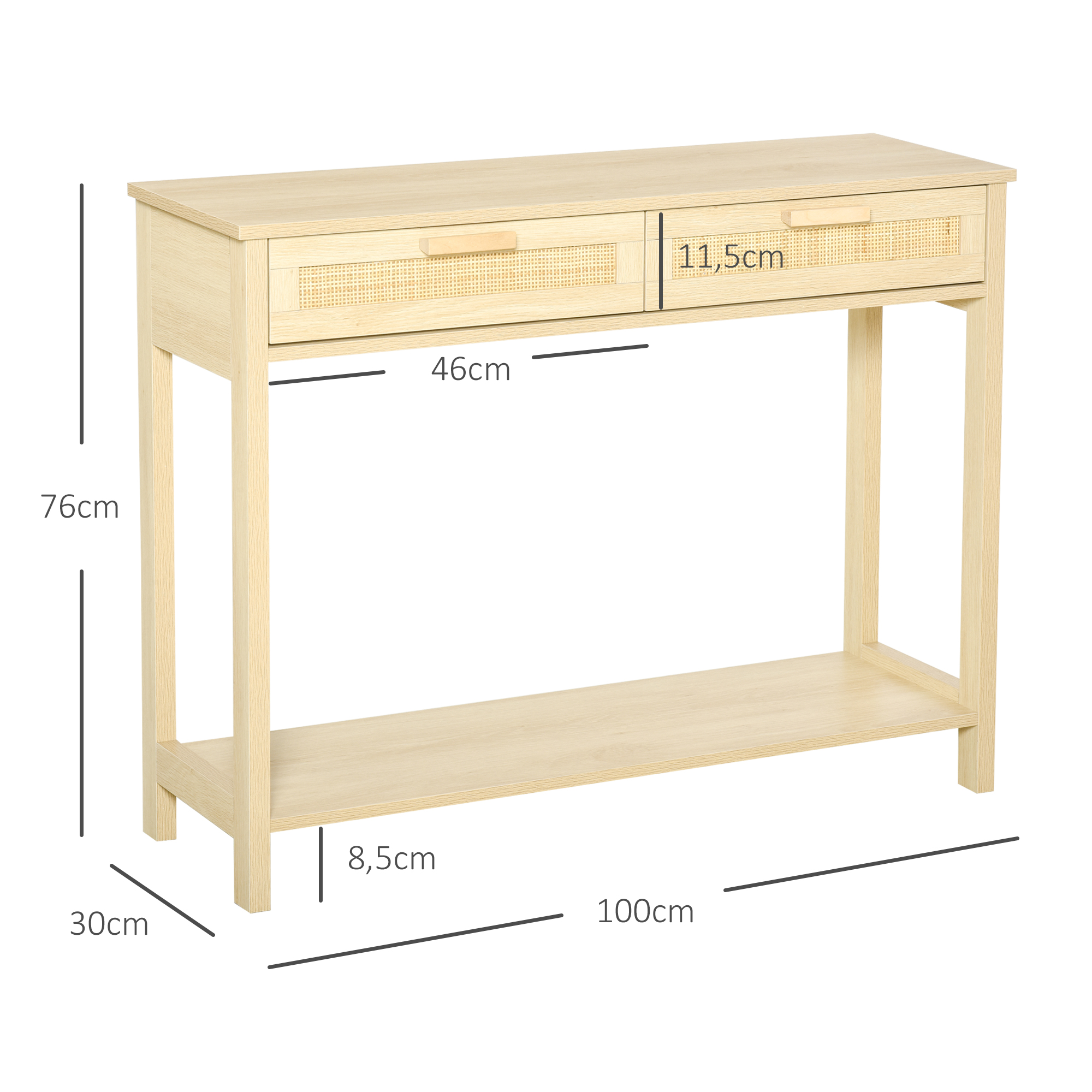 Una consola de madera clara con dos cajones, un estante inferior y medidas: 76 cm de alto, 100 cm de largo.