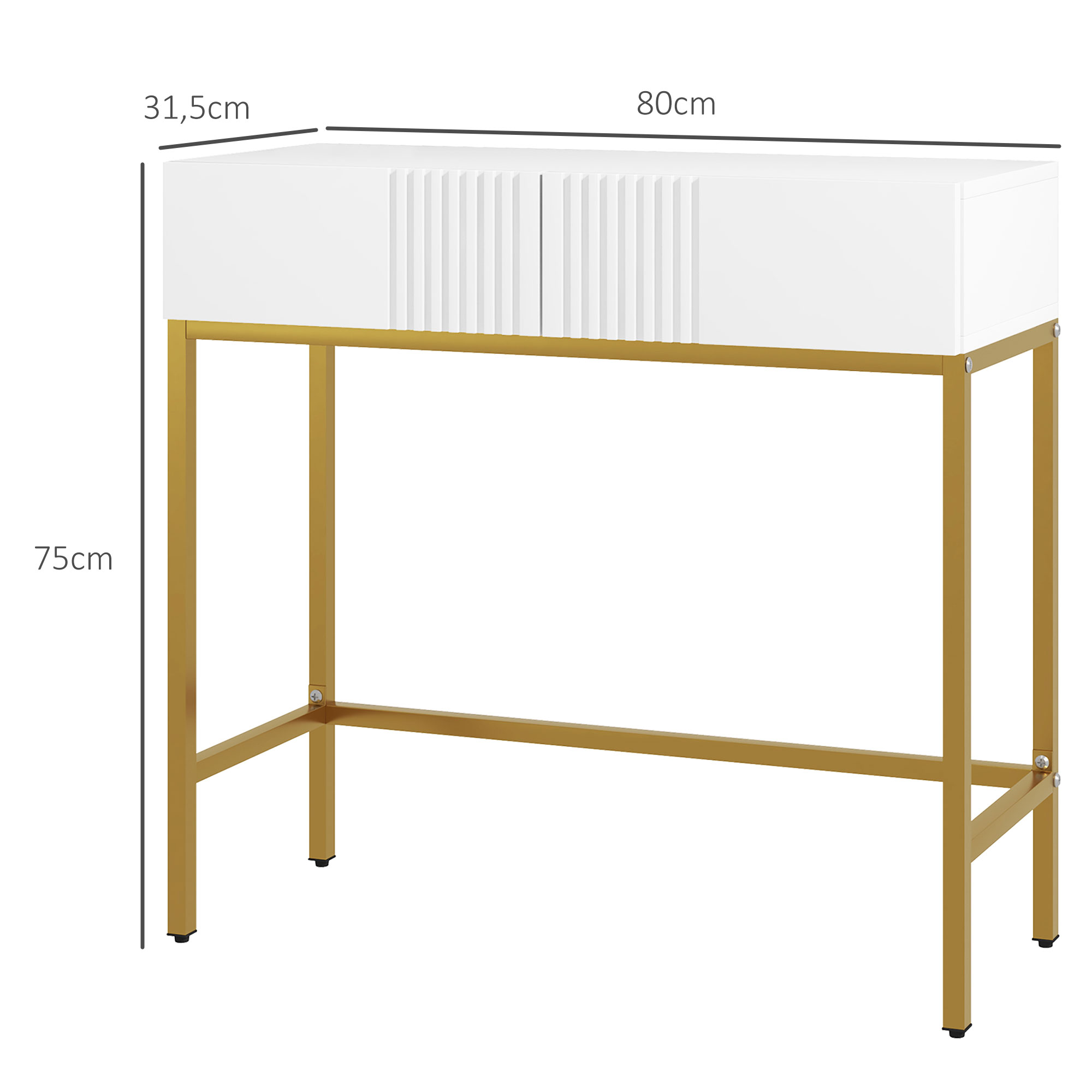 Consola blanca con marco dorado. La mesa tiene dos puertas con ranuras verticales.