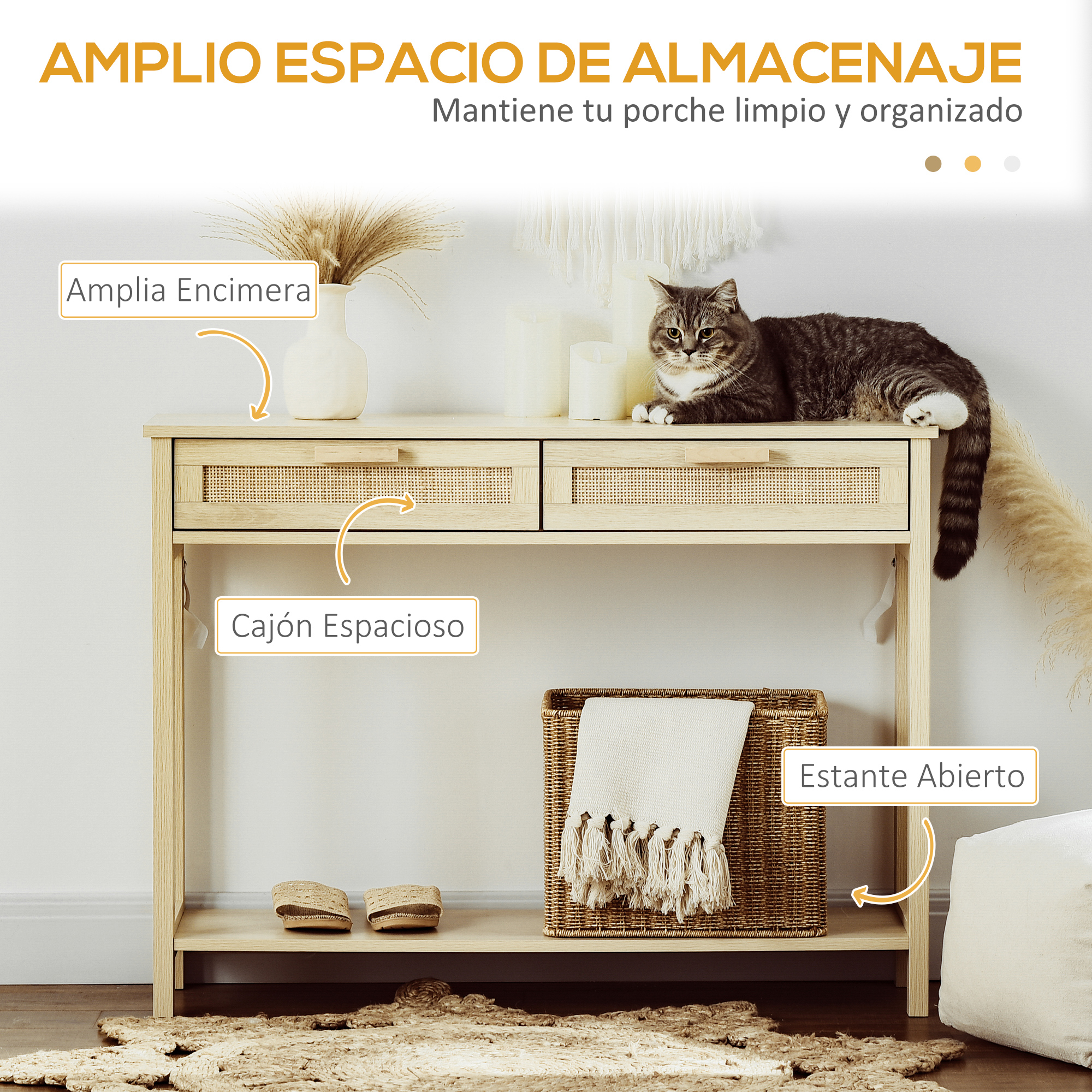 Una consola de madera con dos cajones, un gato encima, una cesta y una alfombra. El texto dice 'Espacio de almacenamiento'.