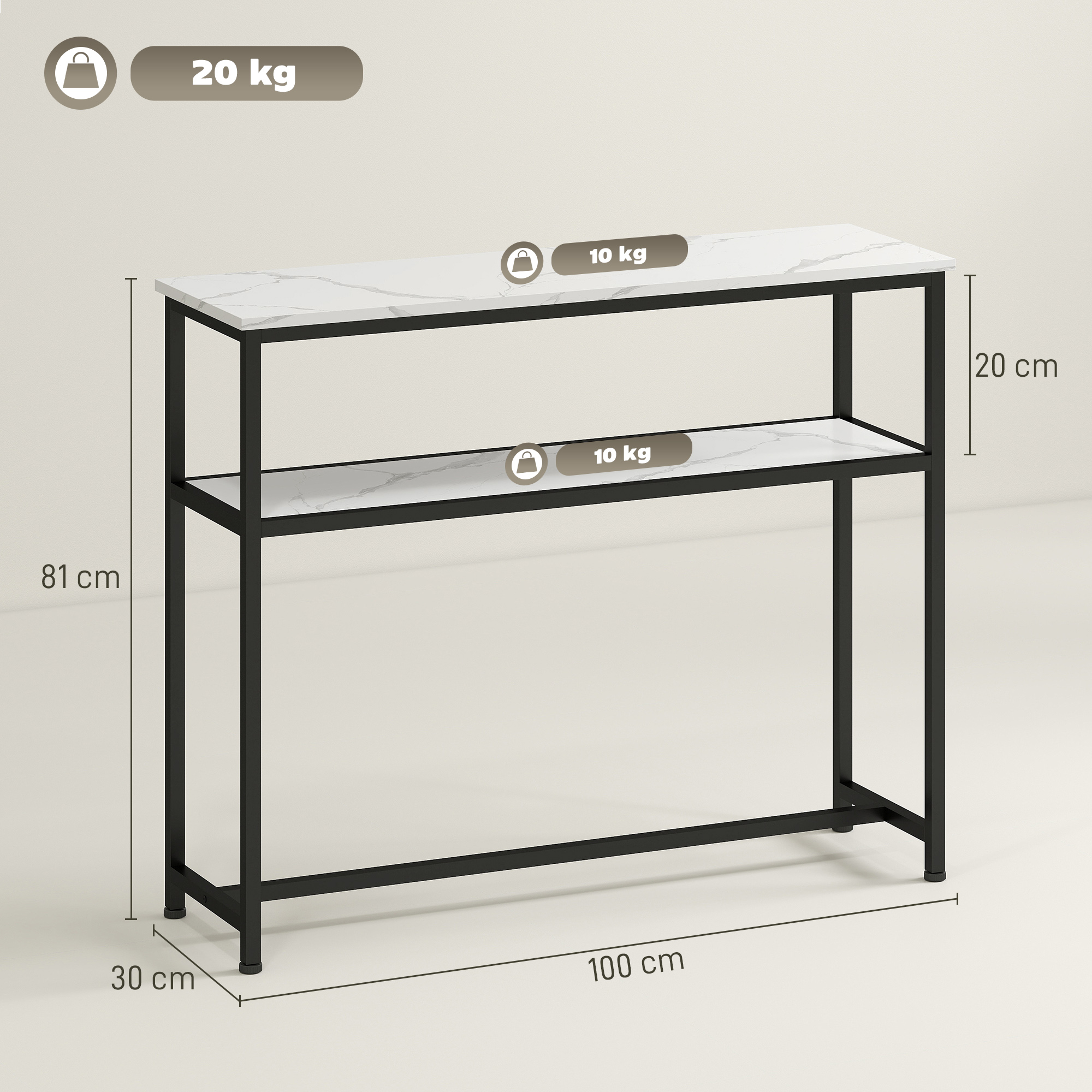 Una consola de metal negro con dos estantes de mármol blanco. Las dimensiones están etiquetadas: 100cm, 81cm, 30cm y 20cm.