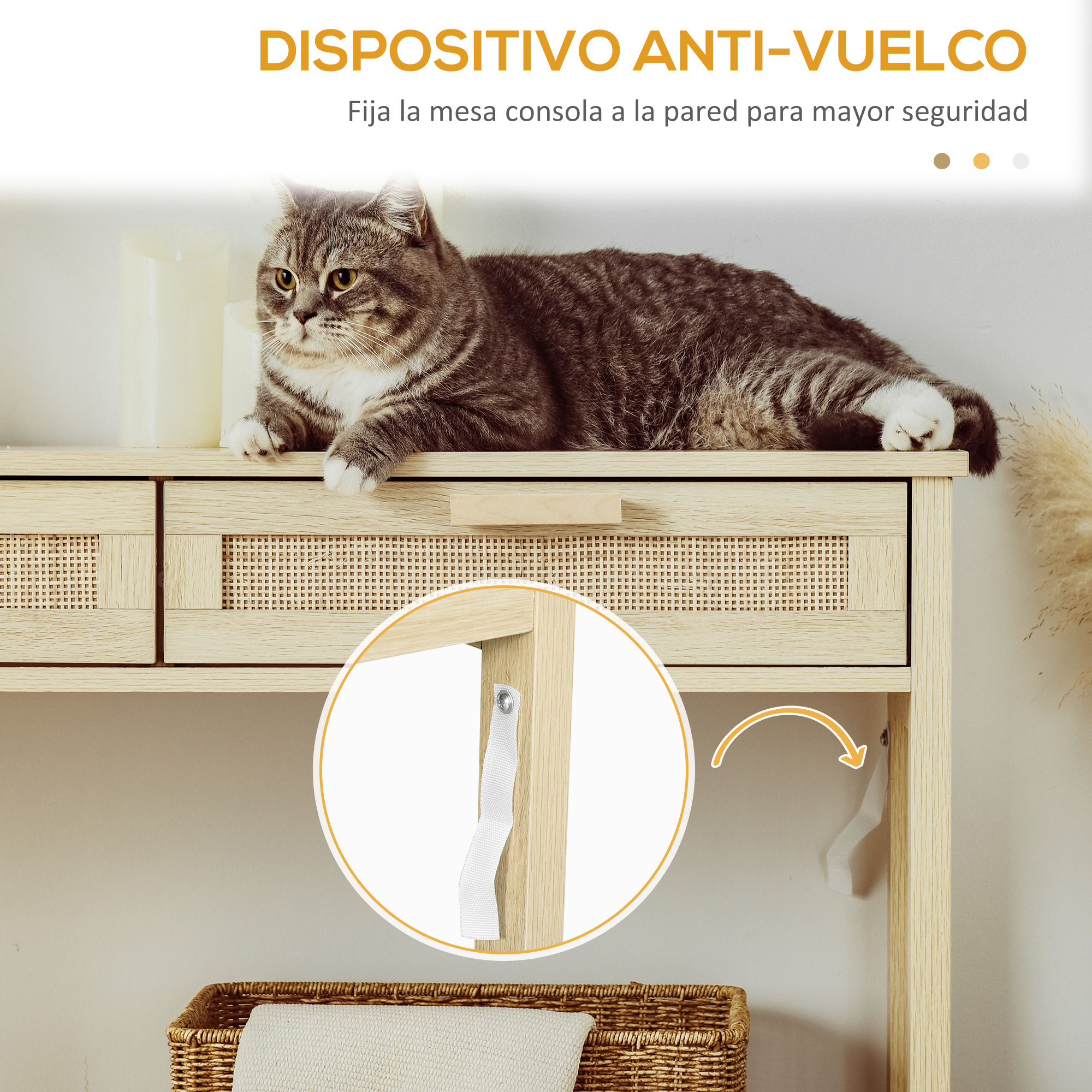 Un gato descansa sobre una mesa de madera. Una correa de seguridad está sujeta a la mesa. Abajo hay una cesta.