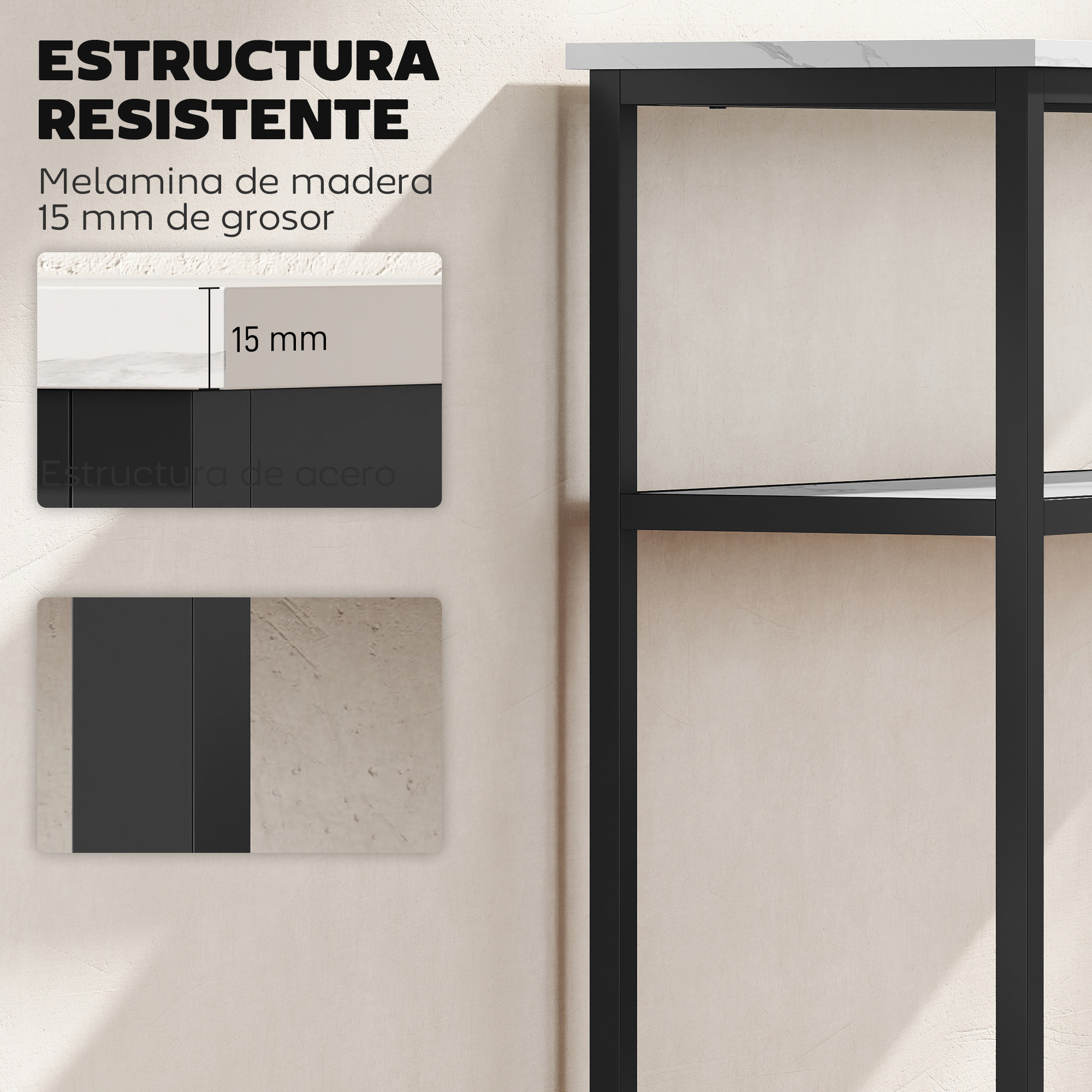 Primer plano de estantería con estructura de acero. Muestra el grosor de la madera de melamina. También se muestran texto y diagramas.
