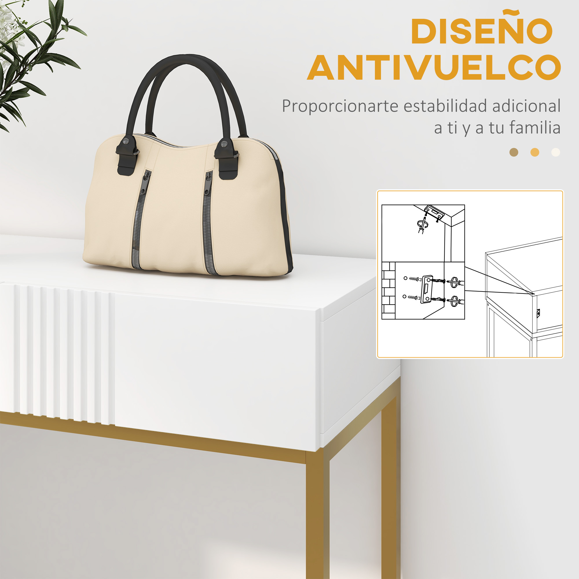 Un bolso beige con asas negras sobre una mesa blanca. Patas doradas sostienen la mesa. Un diagrama muestra cómo asegurar la mesa.