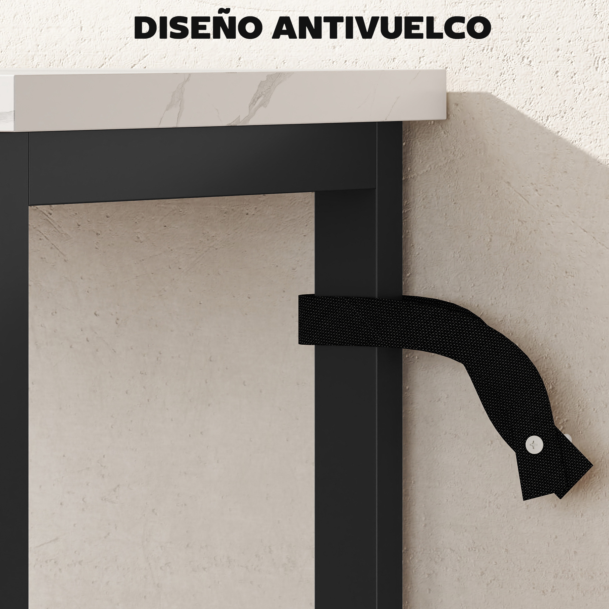 Correa antivuelco negra fijada a un marco negro. Encimera blanca con las palabras 'DISEÑO ANTIVUELCO' arriba.