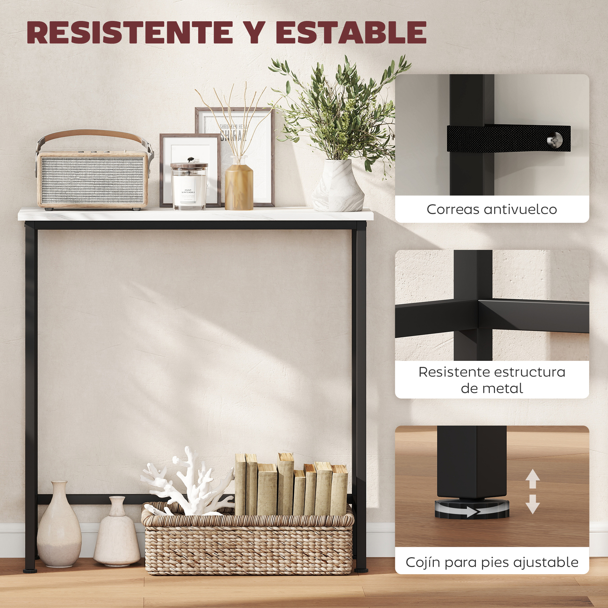 Una consola con tapa blanca y patas negras. Tiene objetos decorativos arriba y abajo, con texto sobre sus características.