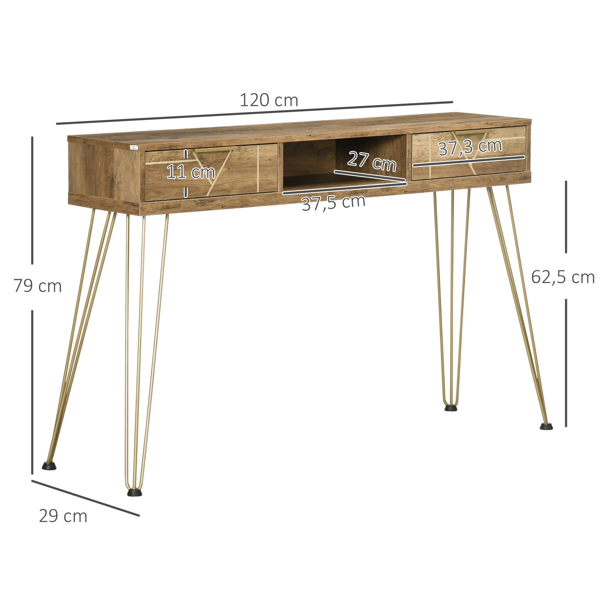 Una consola de madera con patas doradas. Tiene cajones y un estante abierto. Las dimensiones se muestran con flechas.