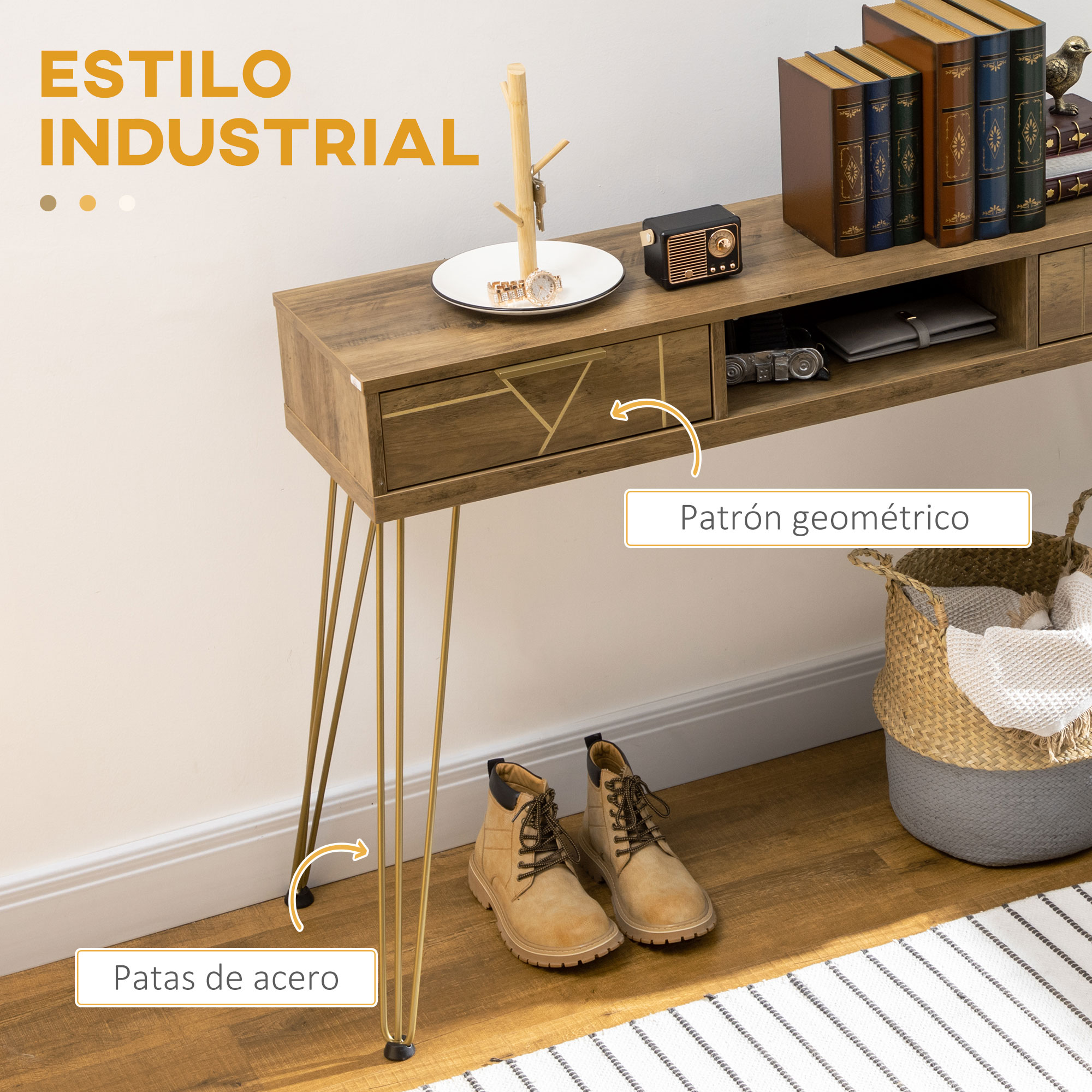 Una consola de madera con patas doradas, libros, una radio y zapatos. Una cesta y una alfombra están en el suelo.