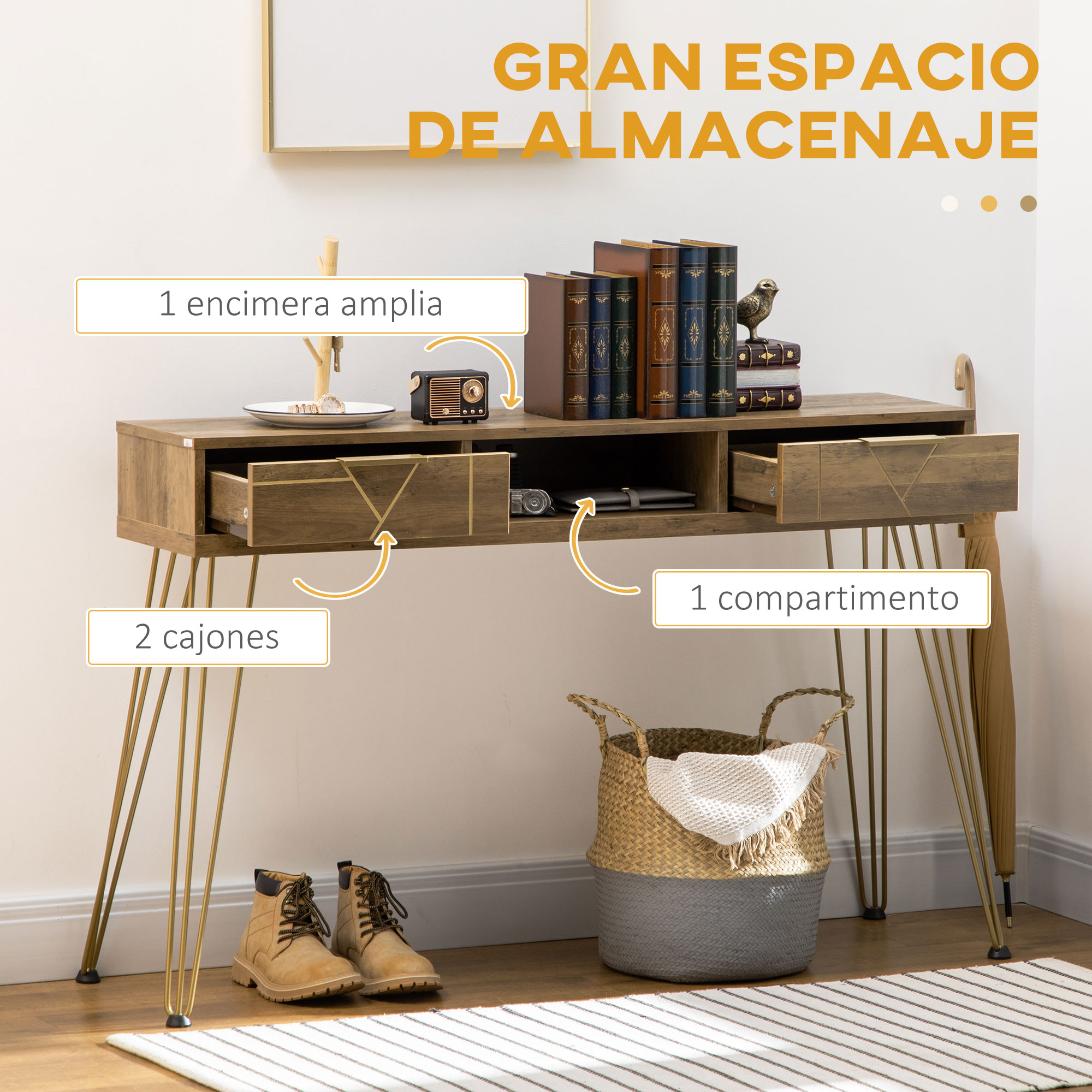 Consola de madera con cajones, libros, radio, estatua de pájaro, cesta, botas y alfombra.