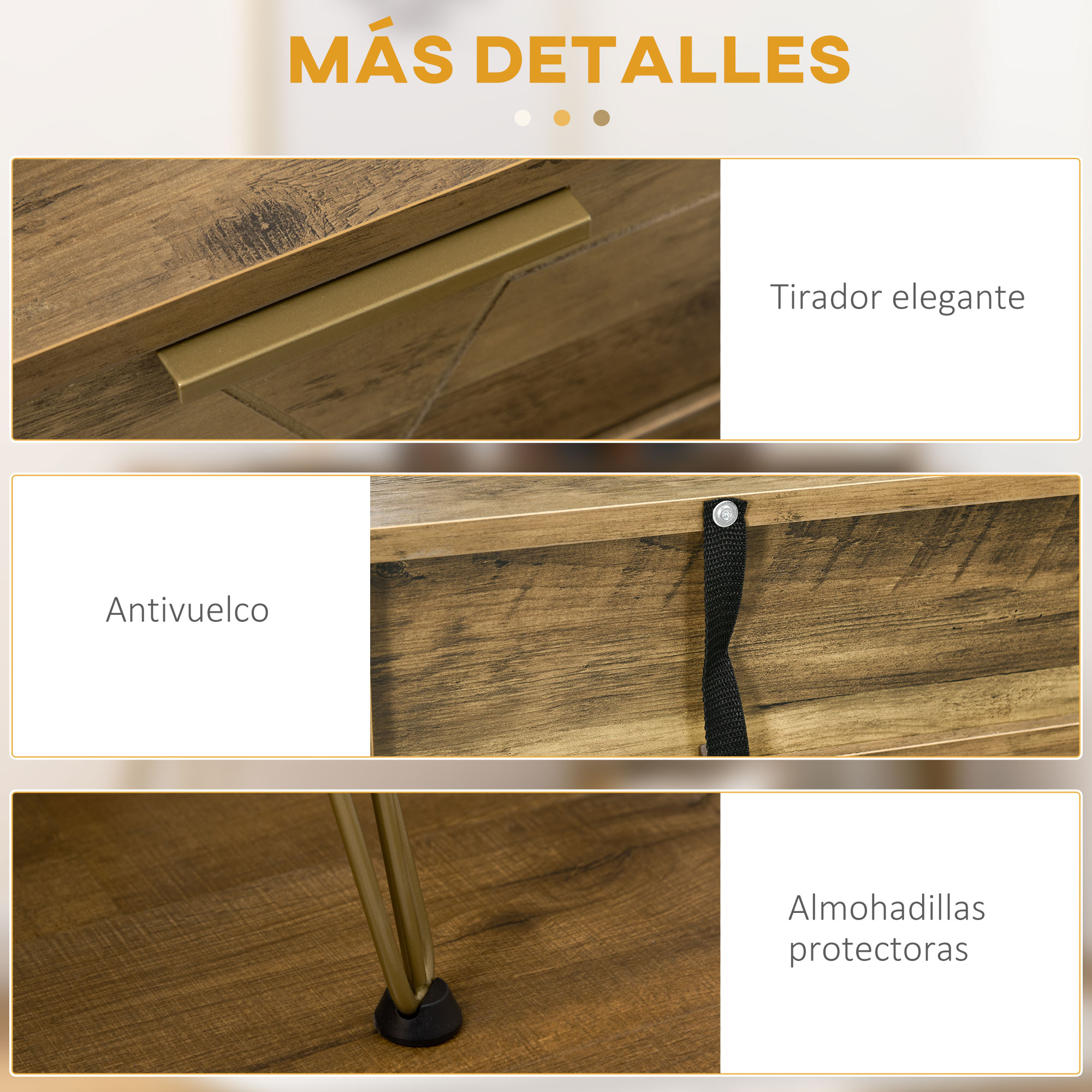Primer plano de muebles de madera con asa dorada, correa antivuelco y patas doradas con almohadillas negras.