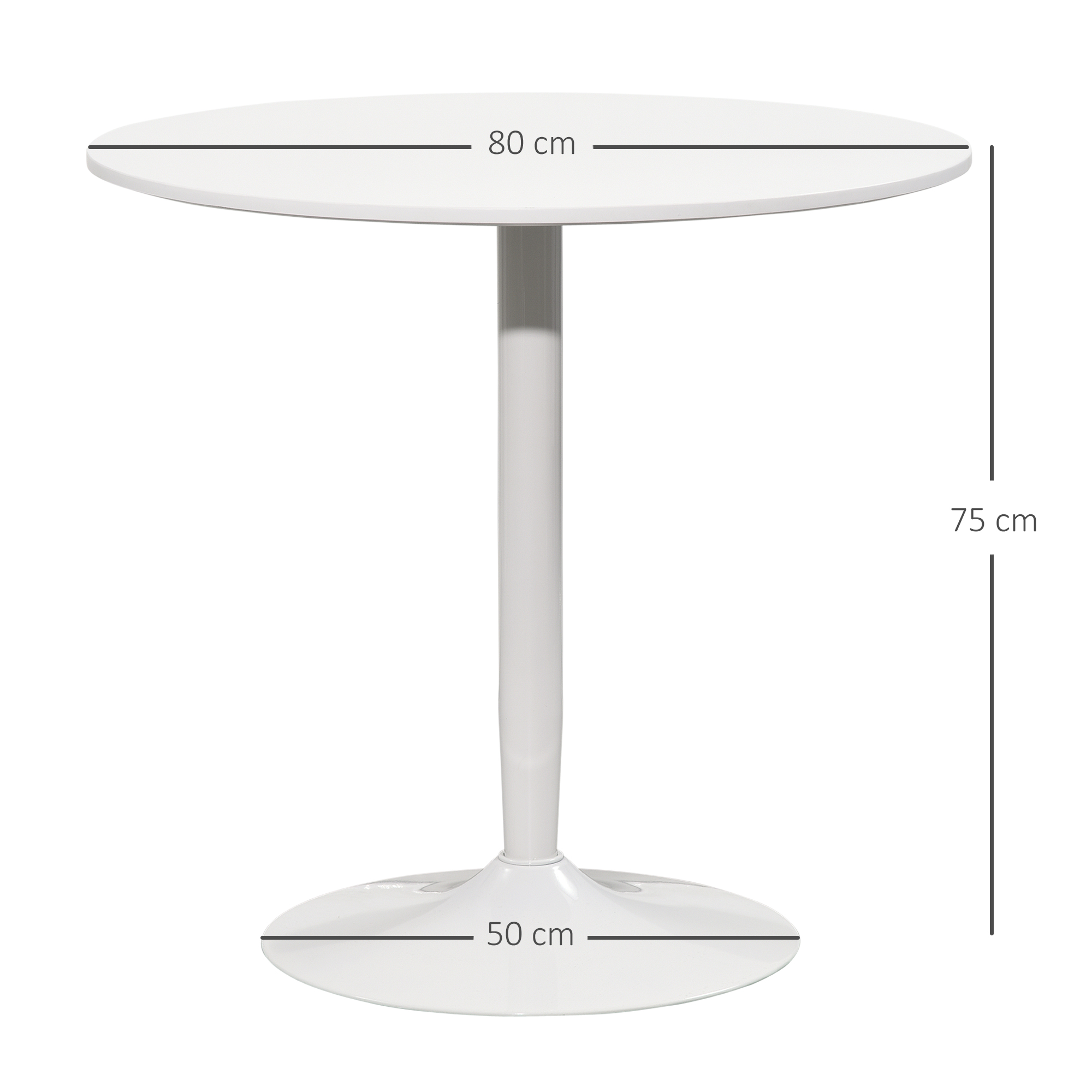 Una mesa redonda blanca. Tiene una tapa redonda con un diámetro de 80 cm. La mesa mide 75 cm de alto y tiene una base de 50 cm.