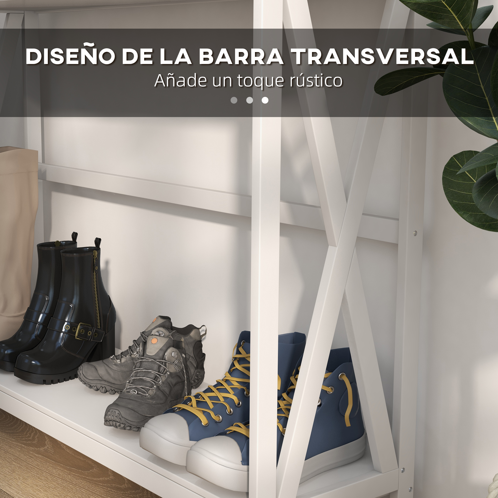 Un estante blanco con varios zapatos: botas negras, zapatos de senderismo grises y zapatillas azules.
