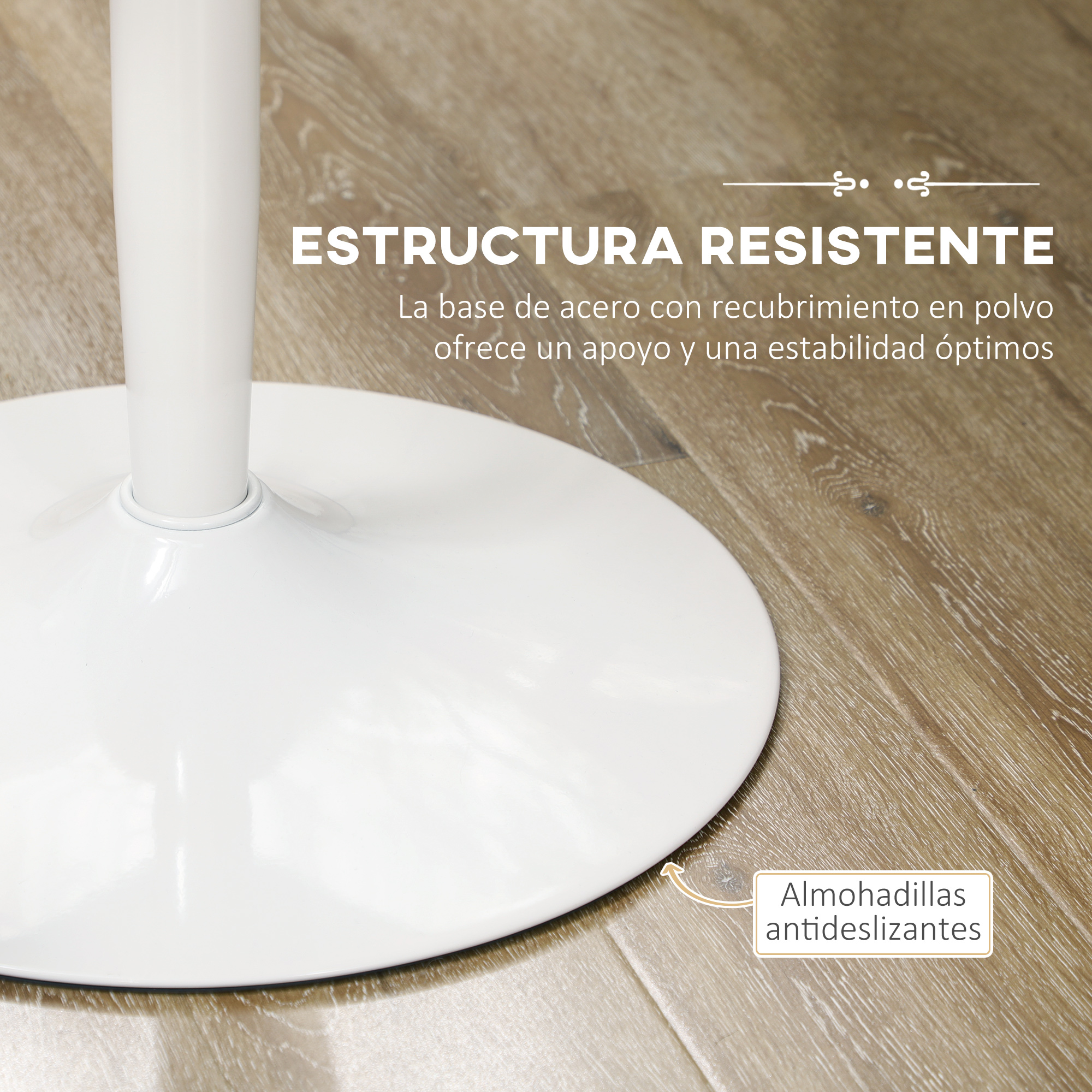 Una base de mesa blanca con base circular descansa sobre un suelo tipo madera. El texto dice 'Estructura resistente' y 'Almohadillas antideslizantes'.