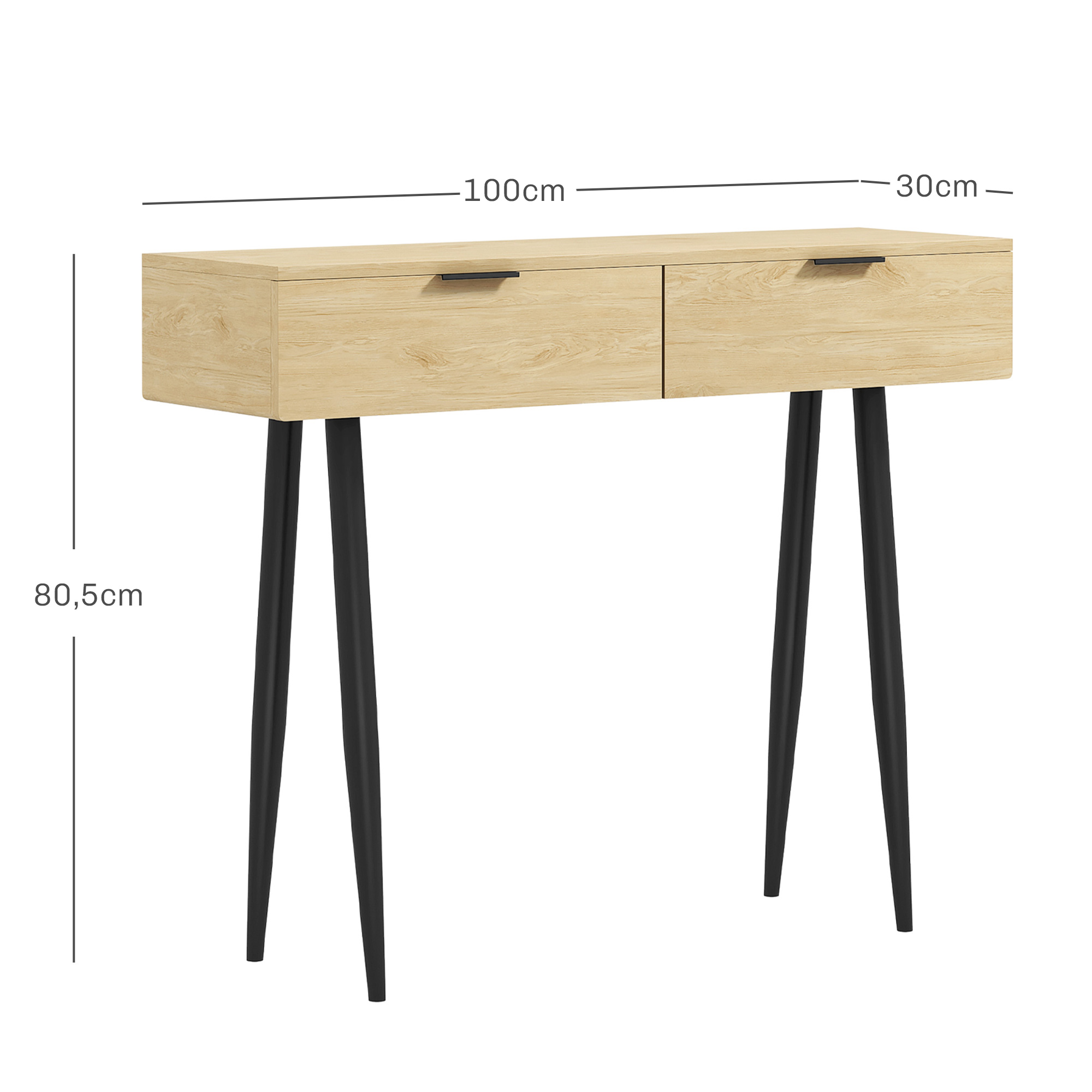 Una consola de madera clara con dos cajones y patas negras. Las dimensiones están etiquetadas: 100 cm, 30 cm y 80,5 cm.