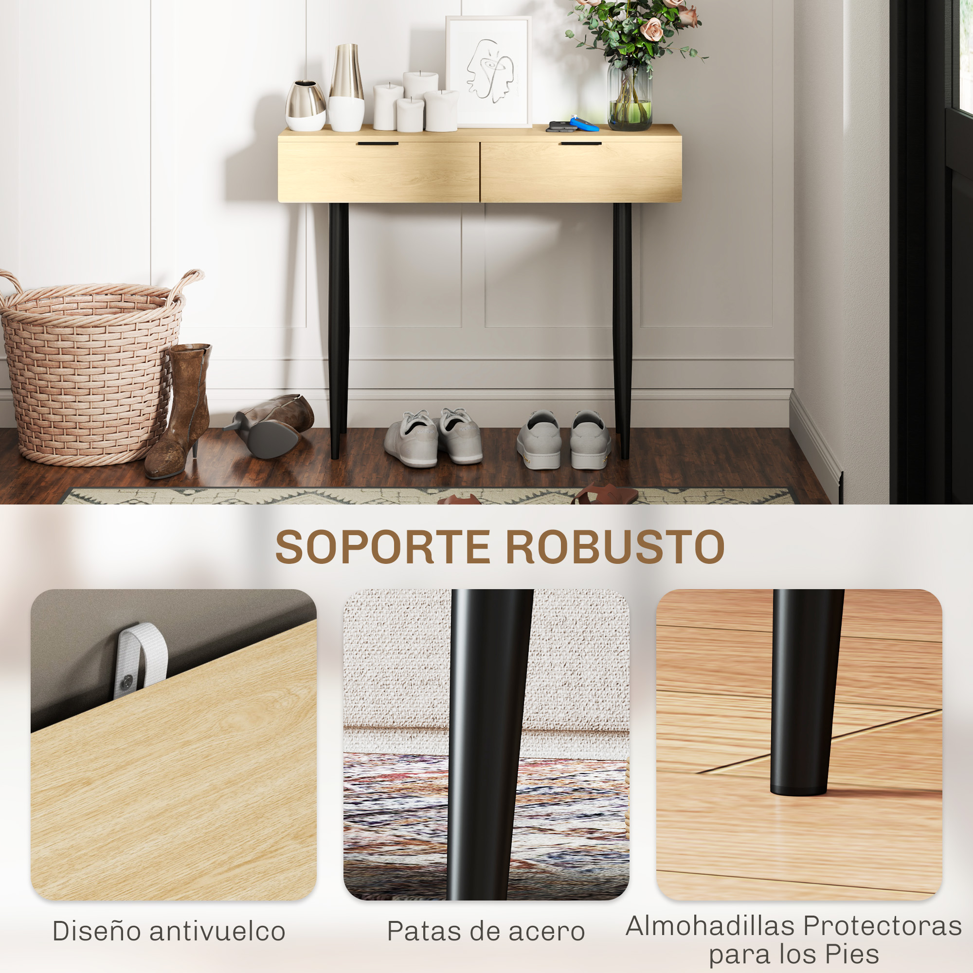 Pasillo con consola de madera, zapatos, botas y cesta. Un jarrón con flores y velas sobre la mesa.