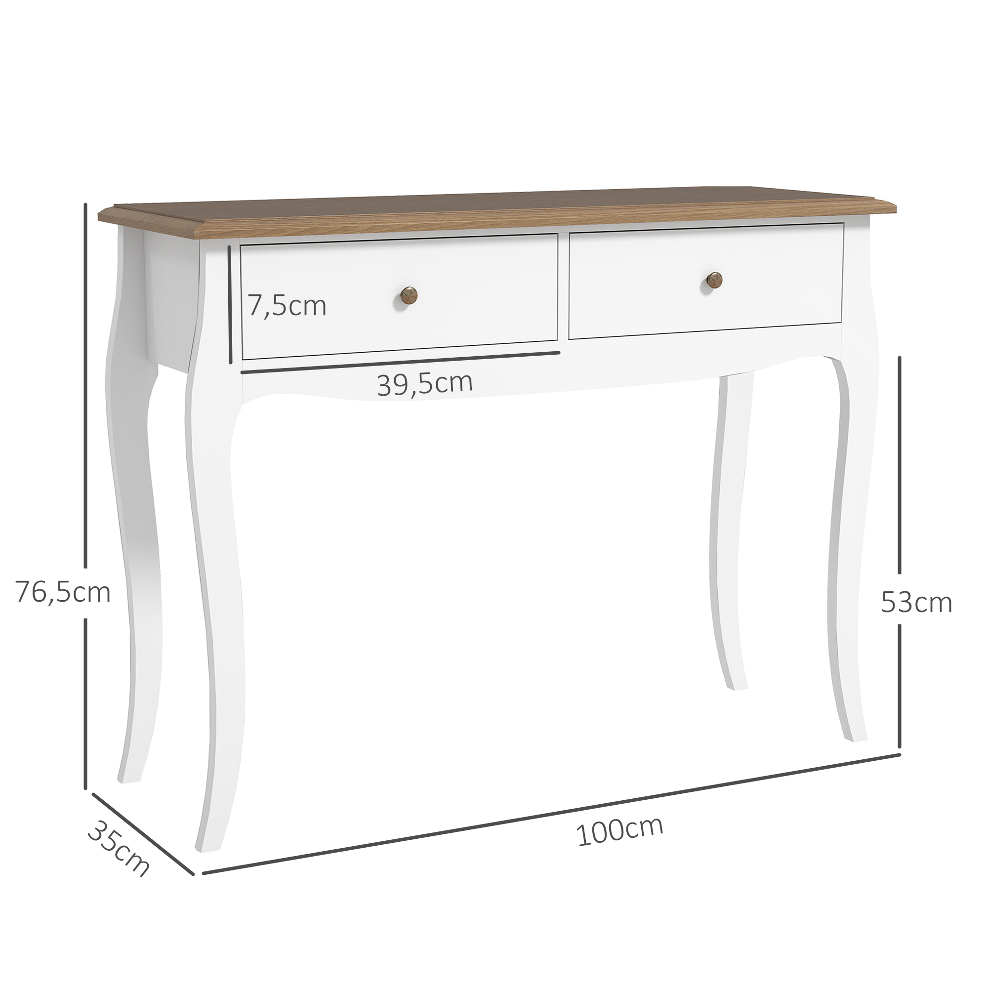 Una consola de madera blanca y marrón, con dos cajones y patas curvas. Las dimensiones están etiquetadas.