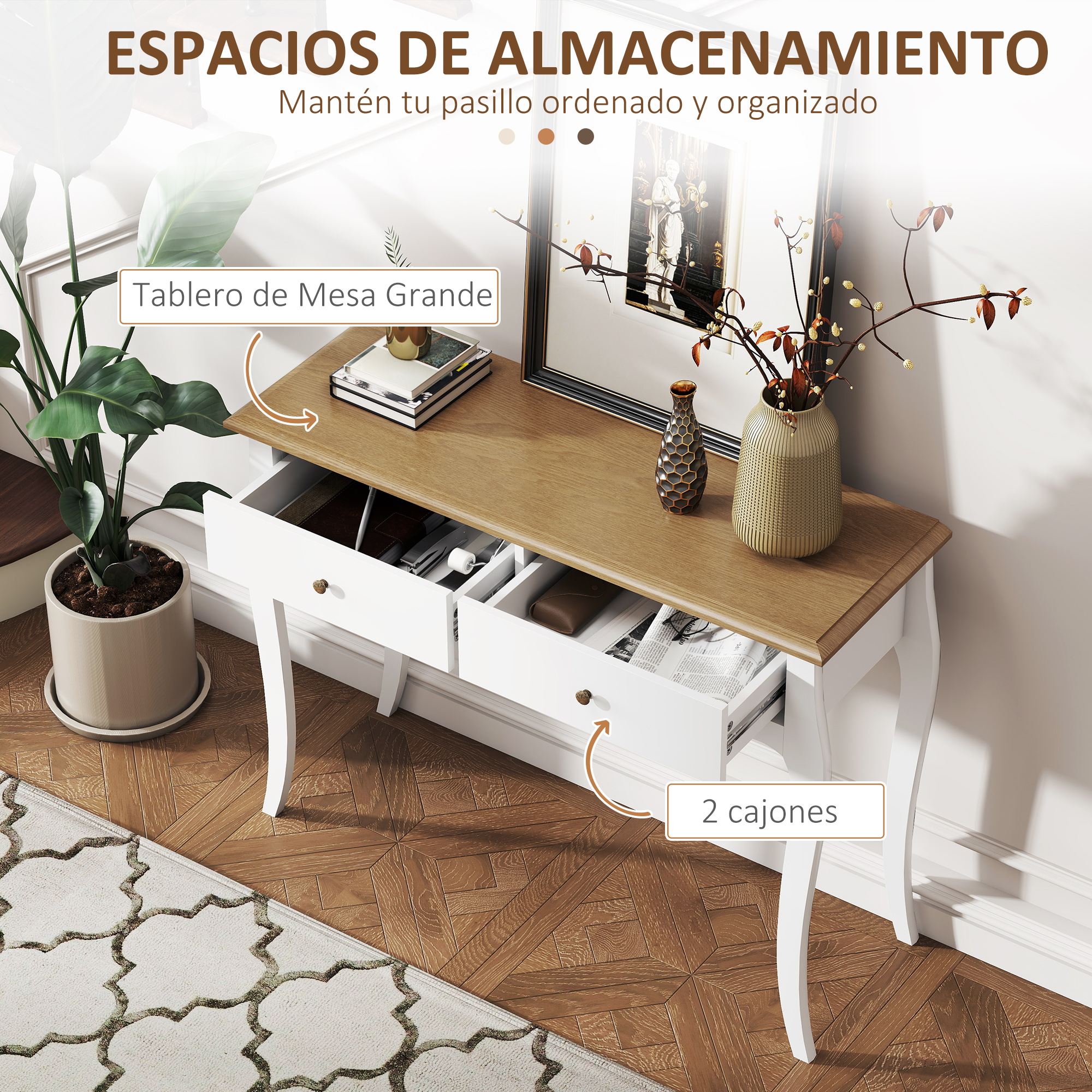Un mueble blanco y marrón con dos cajones. Hay un jarrón con flores y una planta en el fondo.