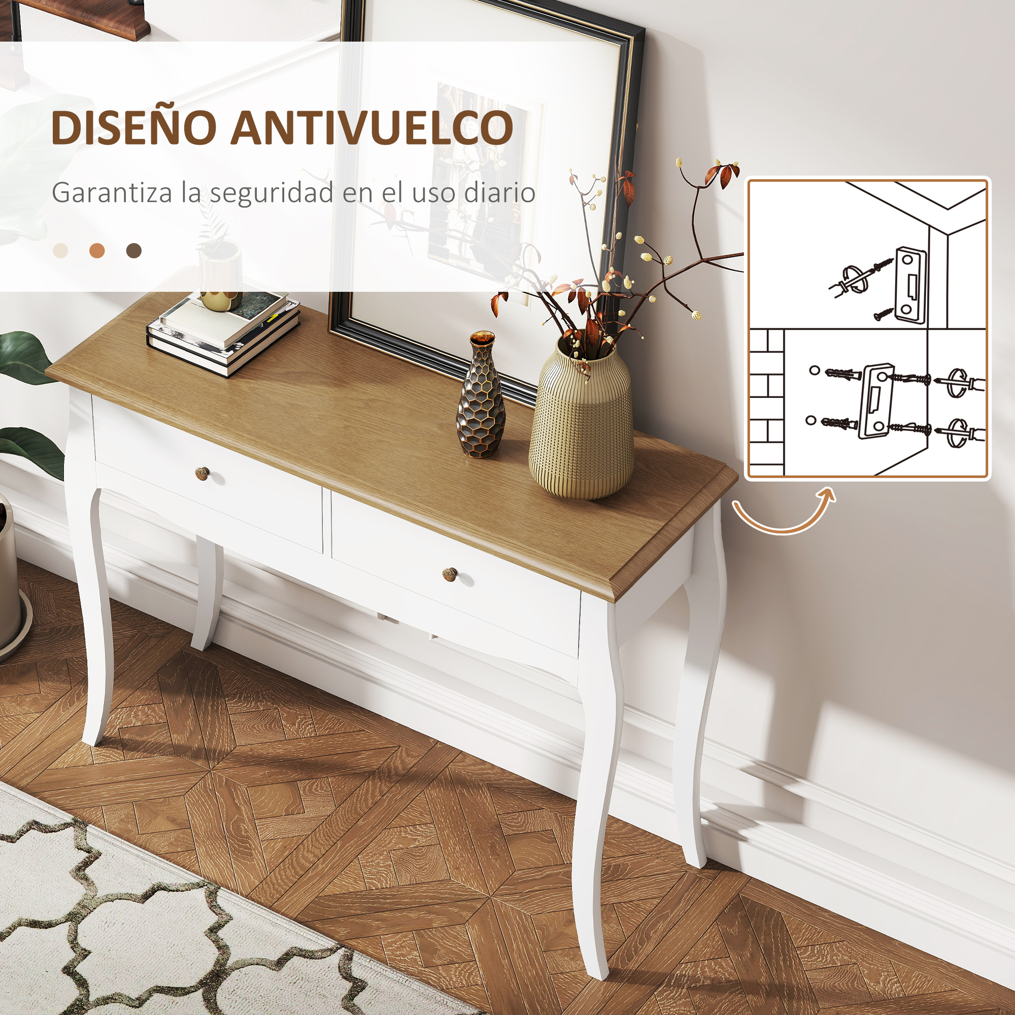 Una consola blanca y marrón con dos cajones, objetos decorativos y un diagrama que muestra el diseño antivuelco.