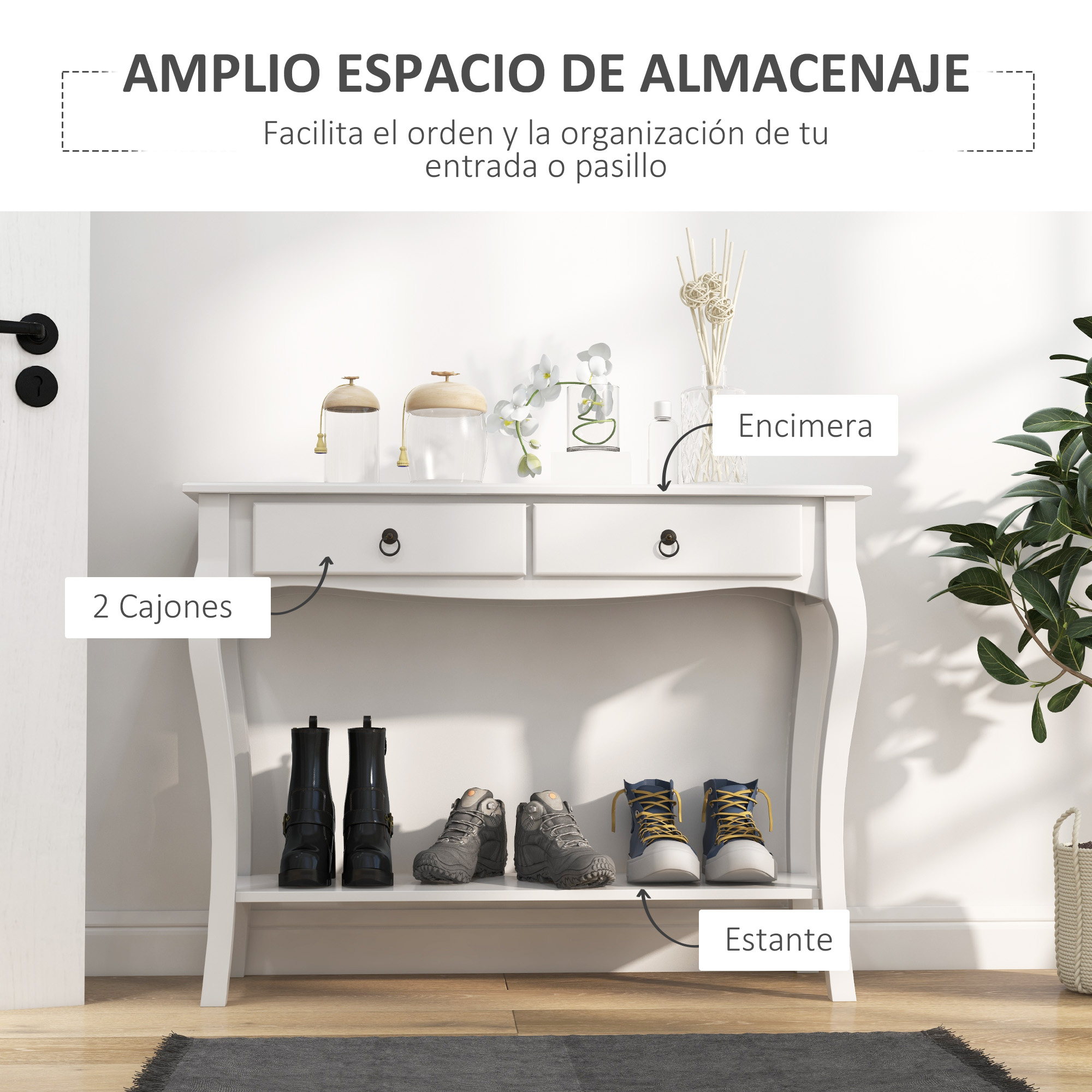 Consola blanca con dos cajones, estante con zapatos y elementos decorativos. Una planta a la derecha.