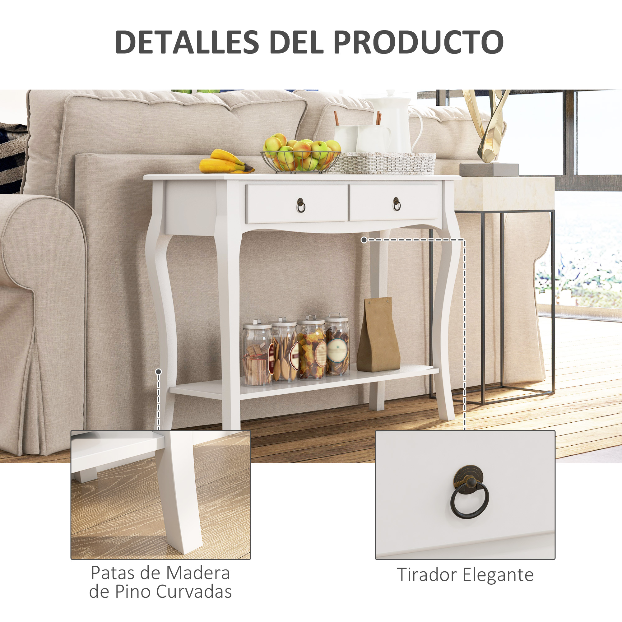 Una consola blanca con dos cajones, un estante inferior y patas curvas. Plátanos, manzanas y frascos encima.