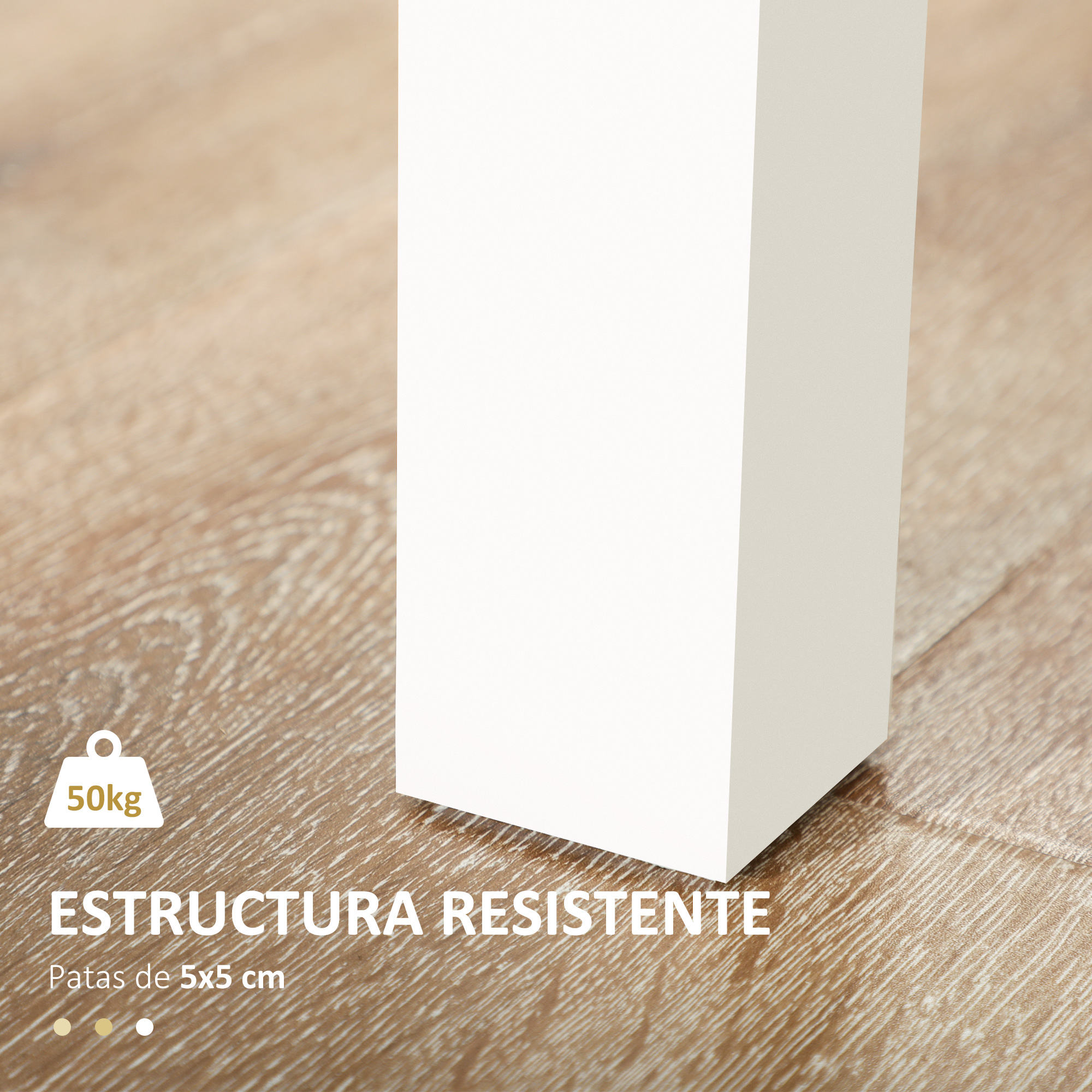 Una pata de mueble blanca y rectangular sobre un suelo de madera. El texto dice 'ESTRUCTURA RESISTENTE' y '50 kg'.