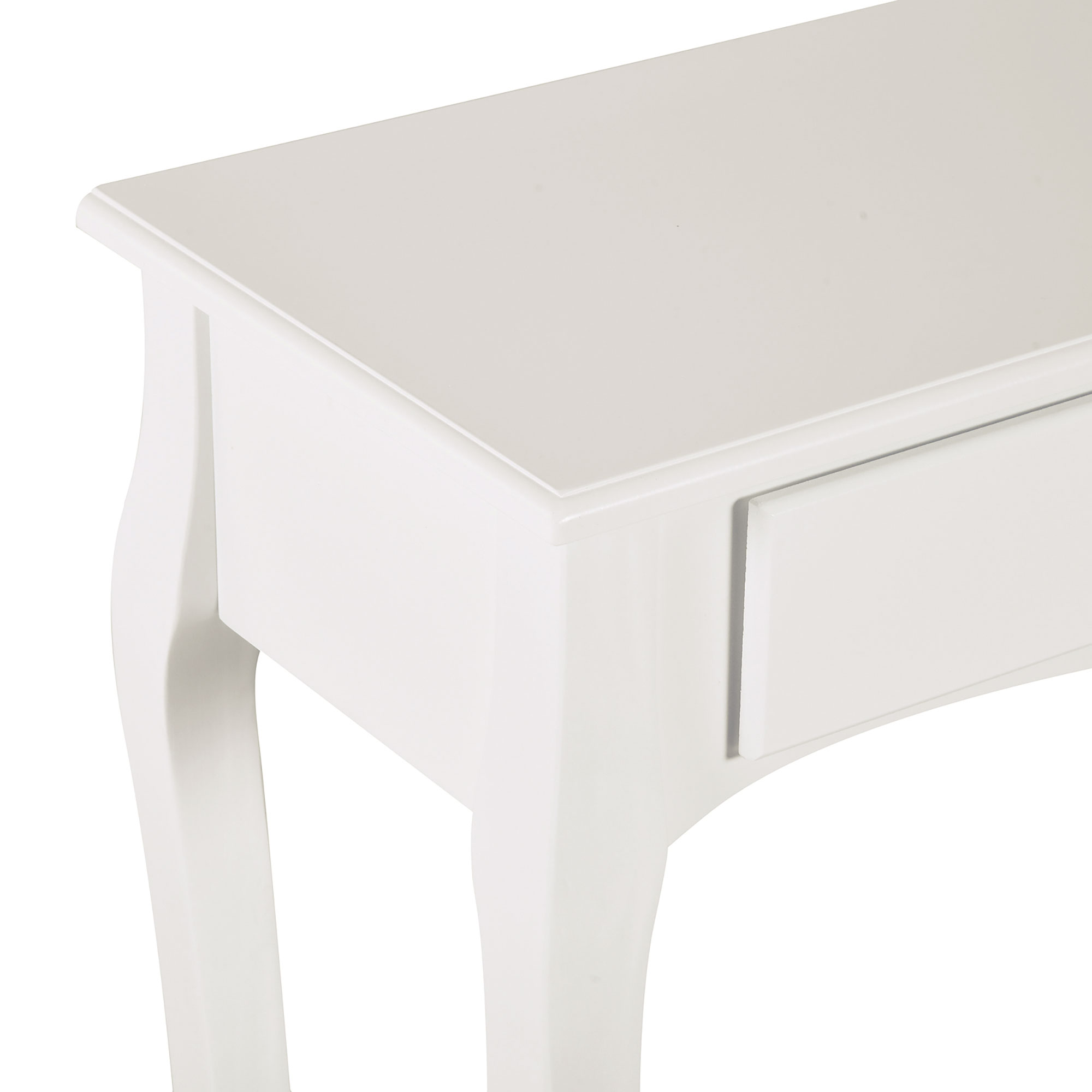 Primer plano de una consola blanca. Tiene un cajón, patas curvas y un diseño limpio y moderno. El fondo es blanco.