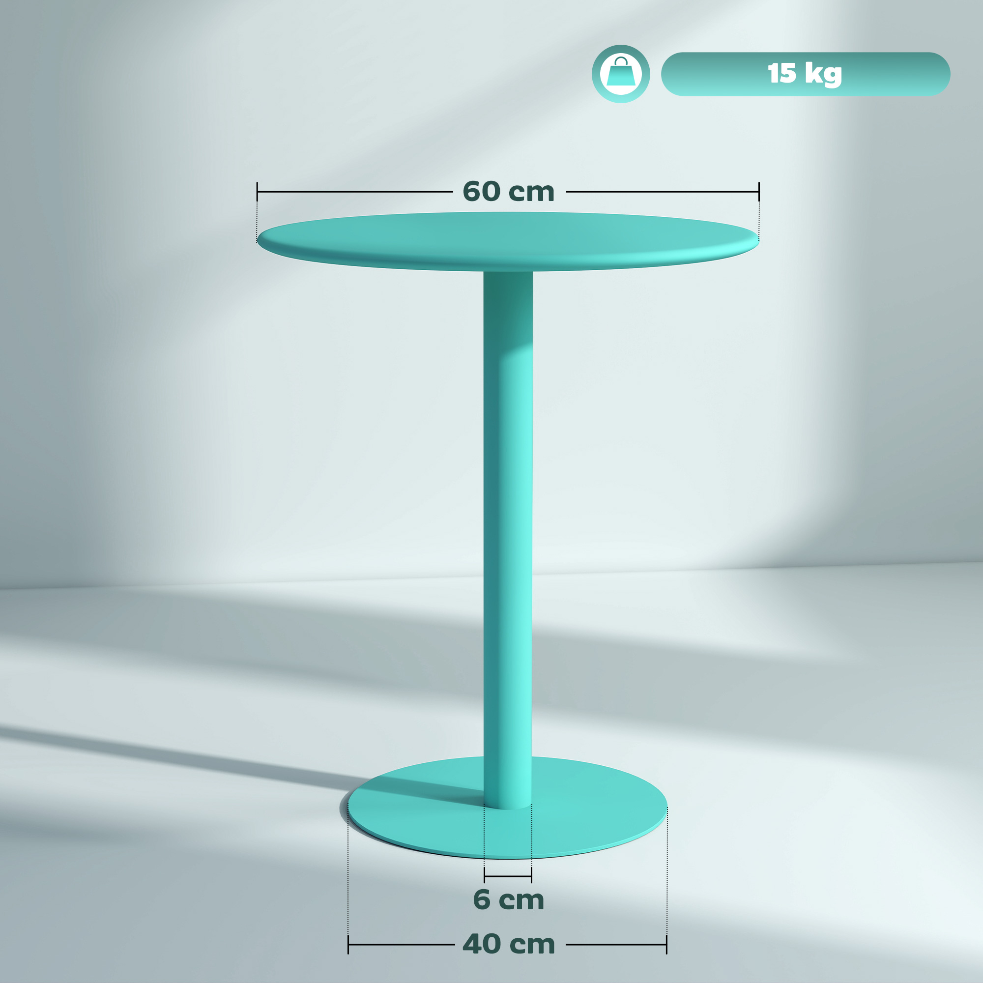 Una mesa redonda turquesa con una pata central. Dimensiones etiquetadas. Peso 15 kg.