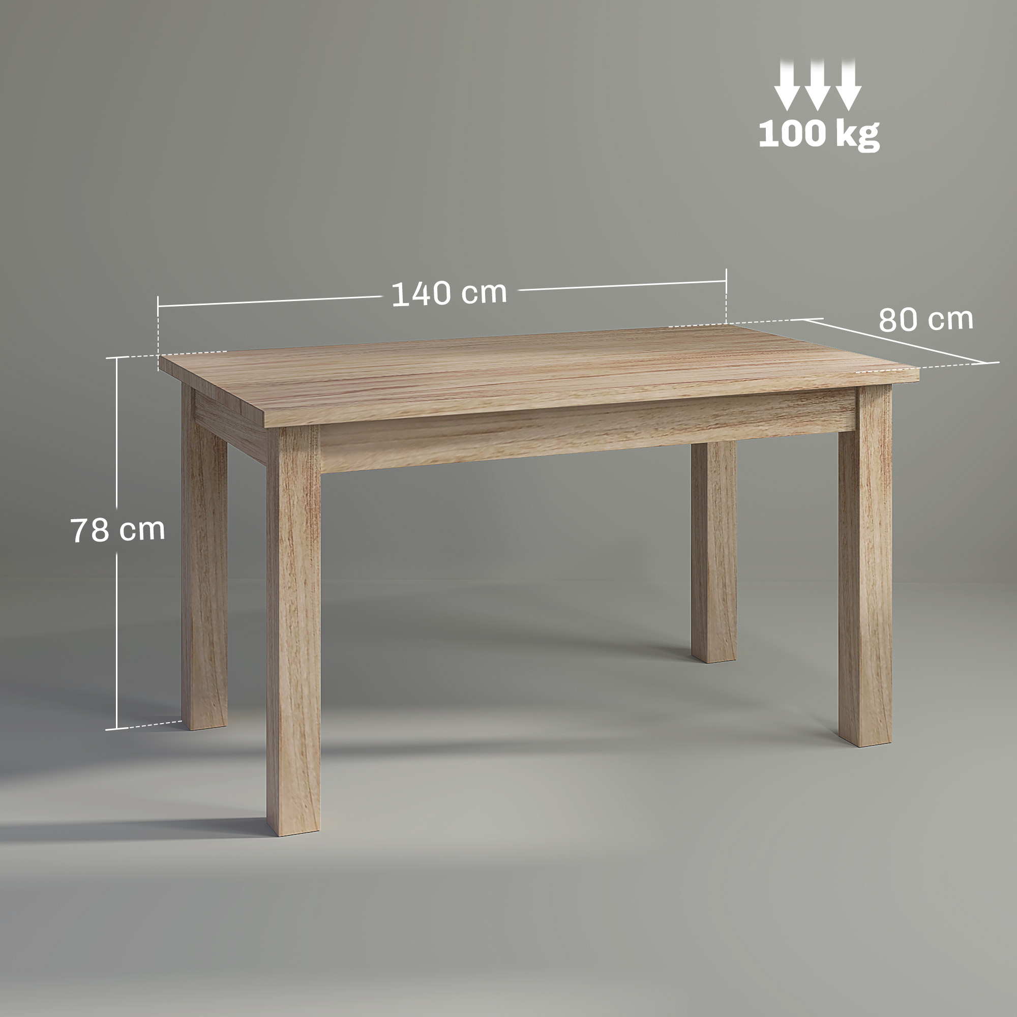 Una mesa de madera con dimensiones. Mide 140 cm de largo, 80 cm de ancho y 78 cm de alto. Soporta 100 kg.