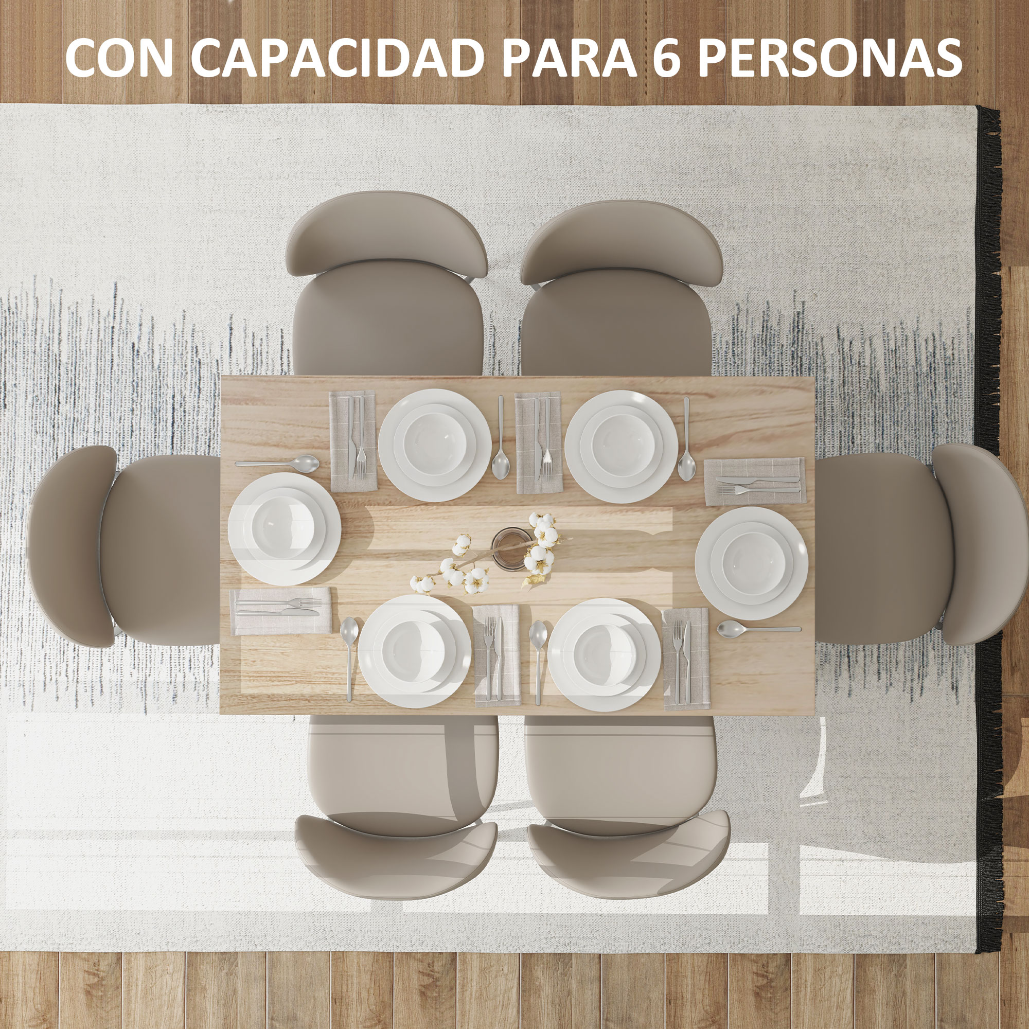 Vista superior de una mesa de comedor para seis personas con sillas beige, platos blancos y un centro floral sobre una alfombra.