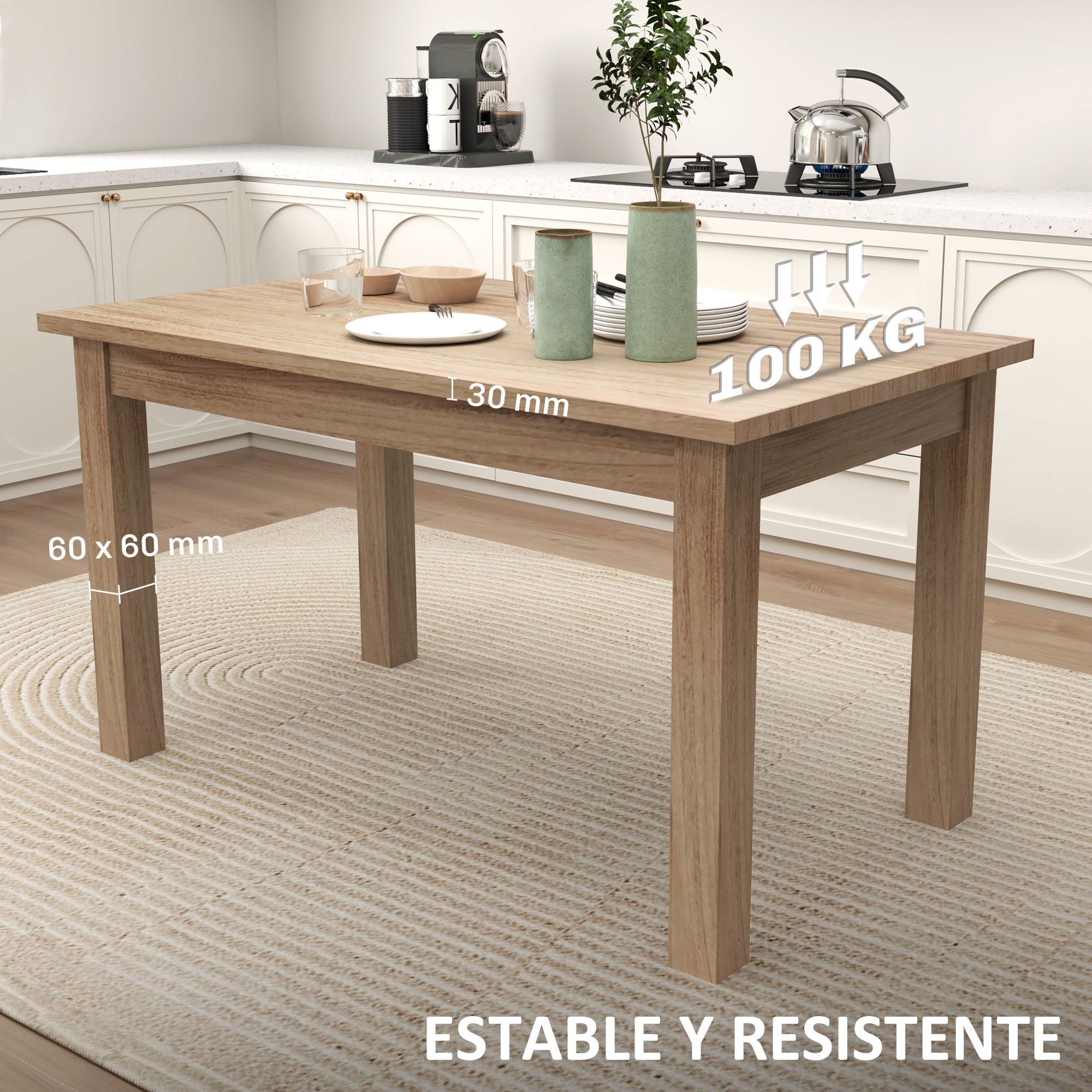 Mesa de madera en cocina. Rectangular, con capacidad de 100 kg. Incluye dimensiones.