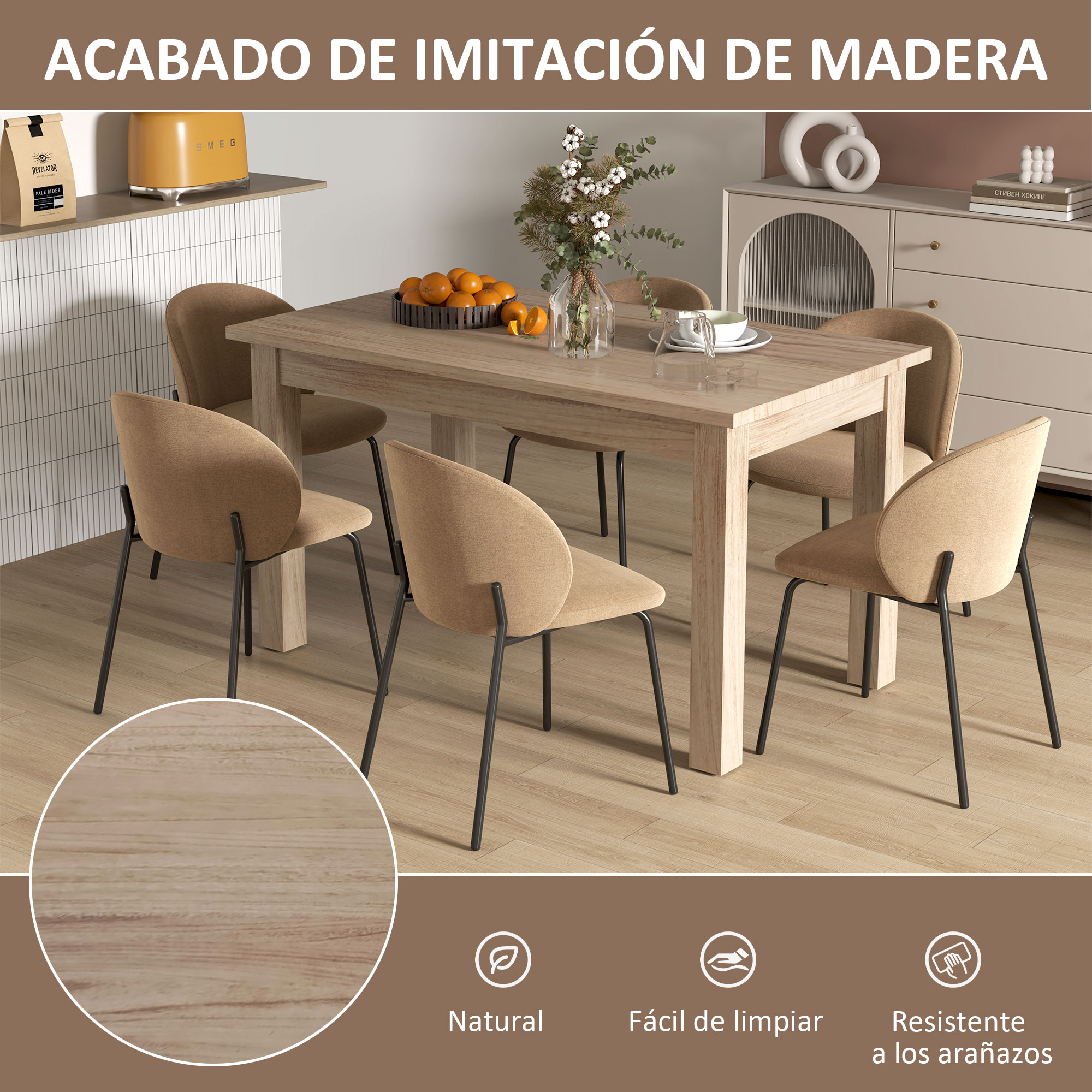 Un juego de comedor con mesa de madera, seis sillas y elementos decorativos. Luz natural y efecto madera.
