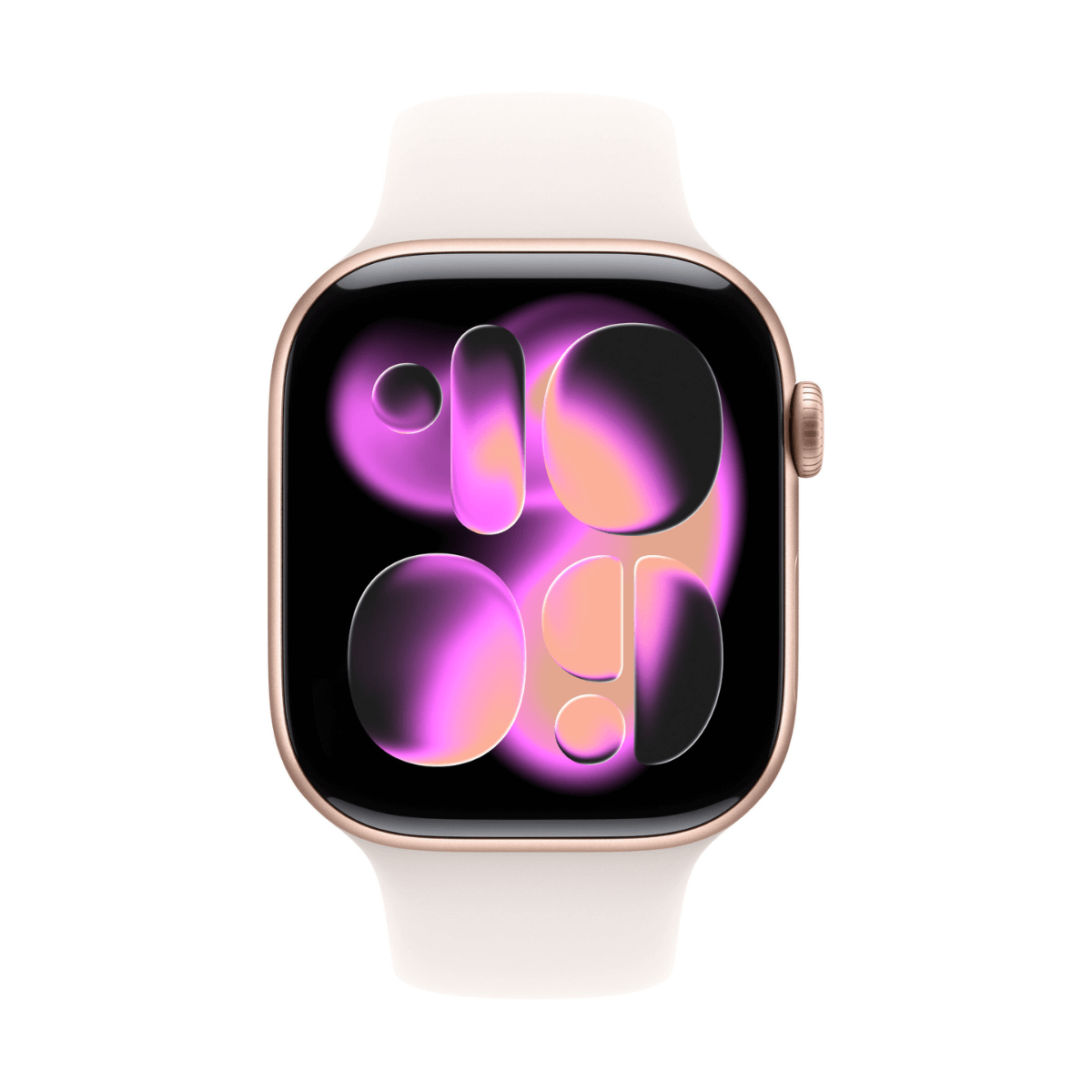 Złoty Apple Watch z białym paskiem. Tarcza zegarka pokazuje różowe i pomarańczowe abstrakcyjne kształty na czarnym tle.