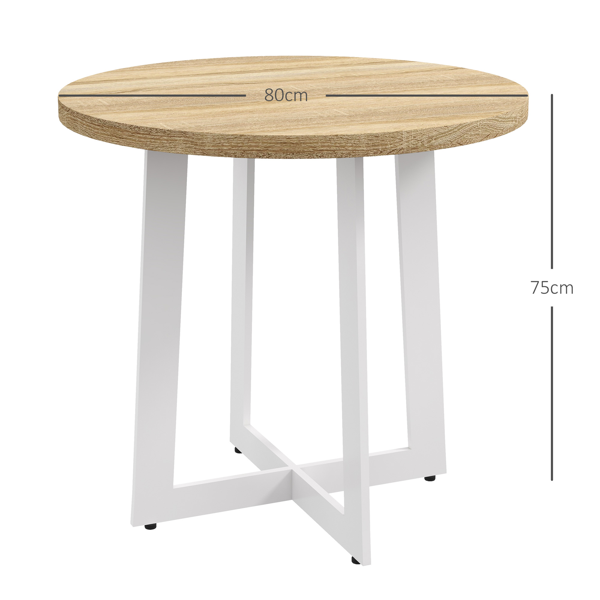 Una mesa redonda de madera con patas de metal blanco. Dimensiones: 80 cm de ancho, 75 cm de alto.