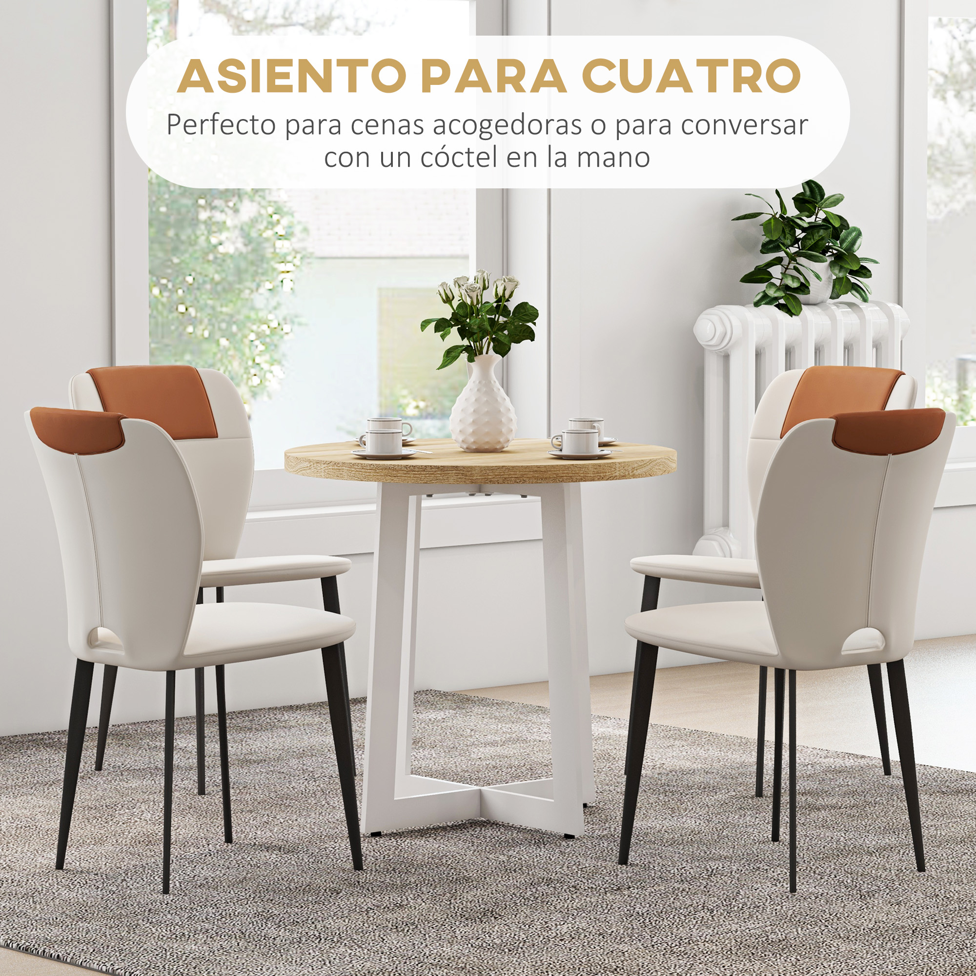 Una mesa redonda con cuatro sillas. Un jarrón blanco sobre la mesa. Una alfombra cubre el suelo.