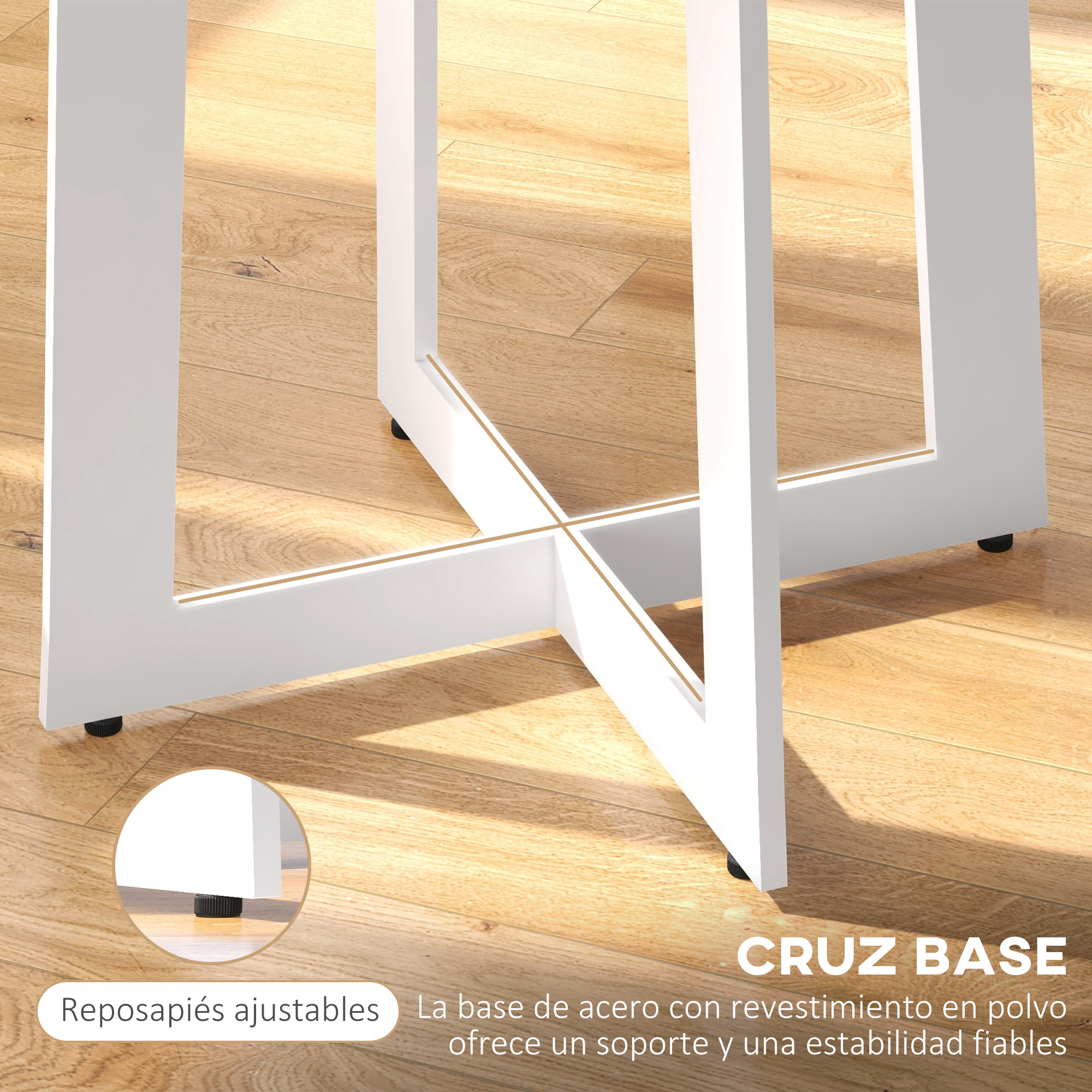 Base de mesa metálica blanca con soporte en forma de X. Suelo de madera al fondo. Pies ajustables.