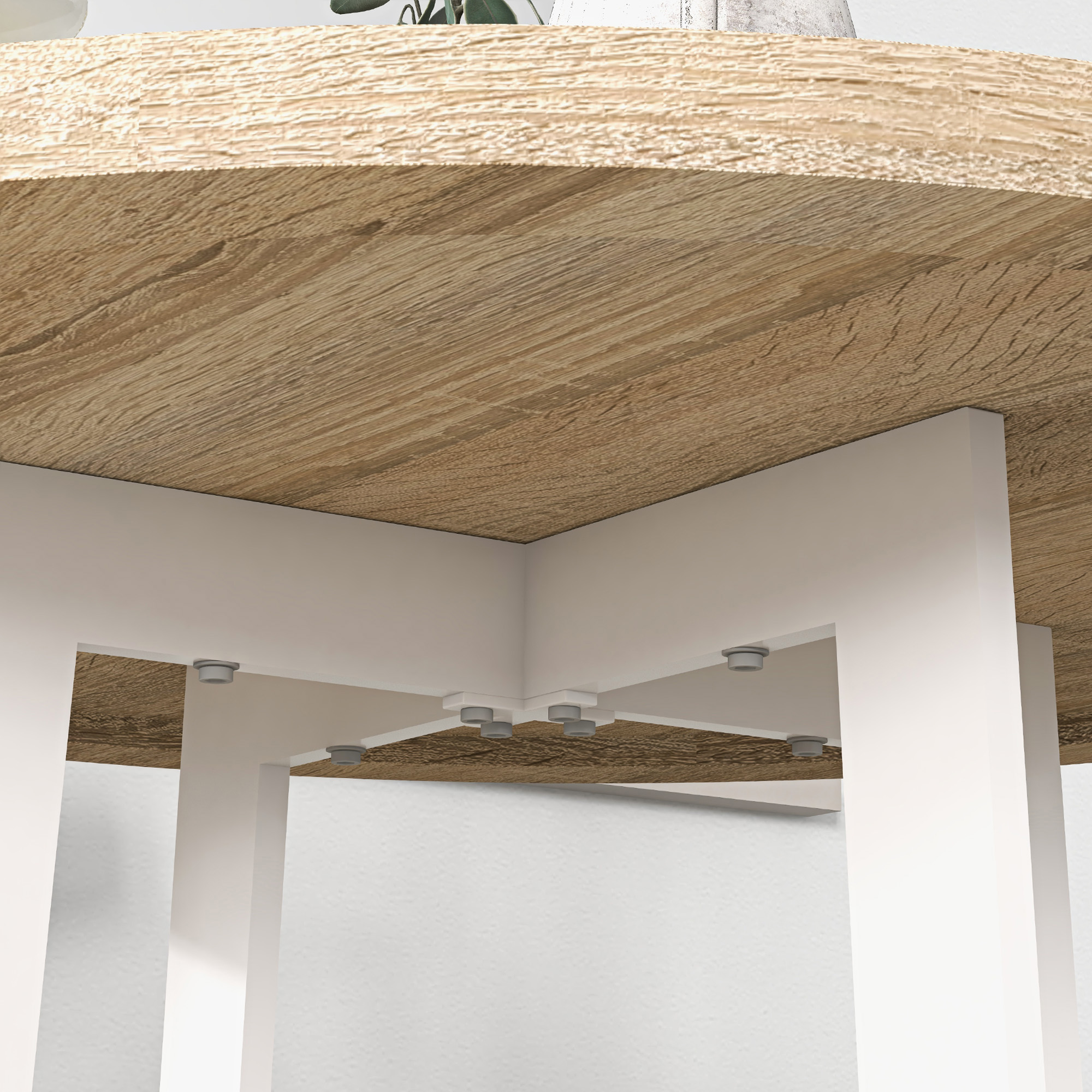 Tablero de mesa de madera con patas blancas. La parte inferior muestra vigas de soporte y sujetadores. Fondo claro.