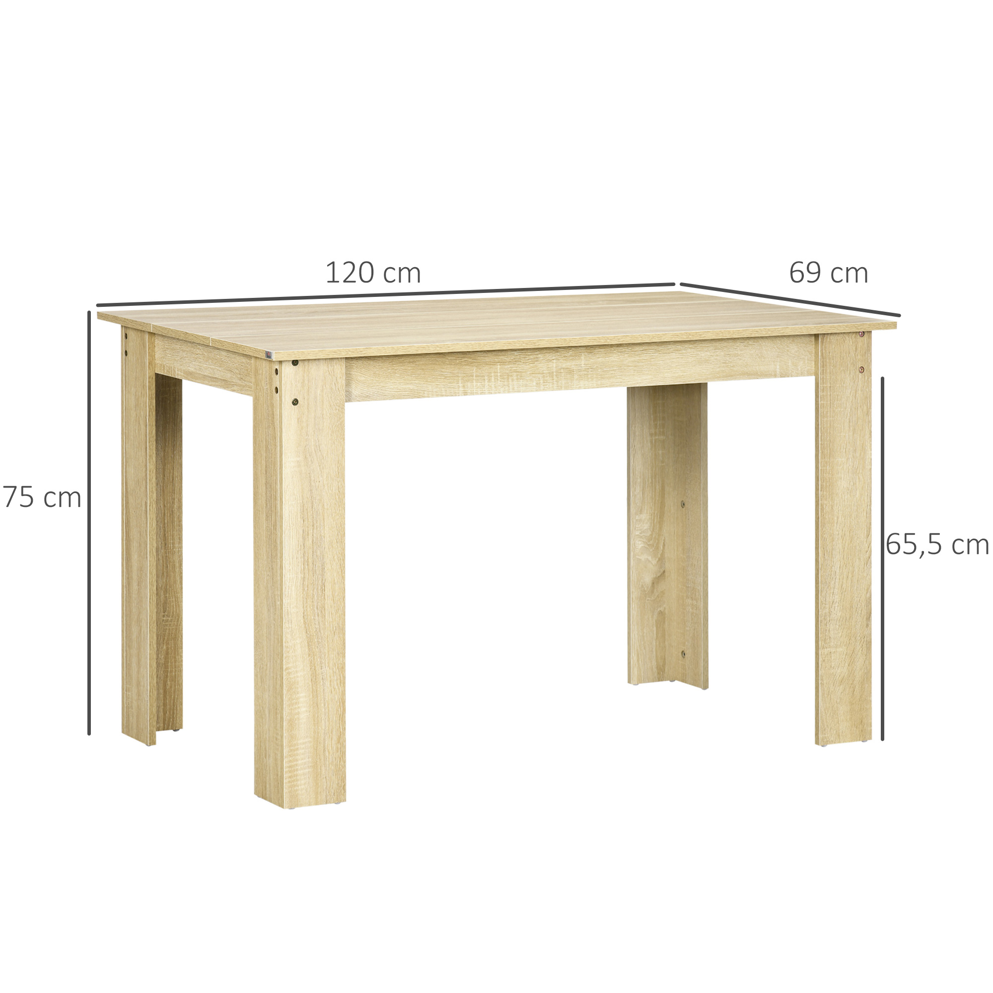 Mesa de madera con cuatro patas. Las dimensiones son: 120 cm de largo, 69 cm de ancho y 75 cm de alto, con patas de 65,5 cm.