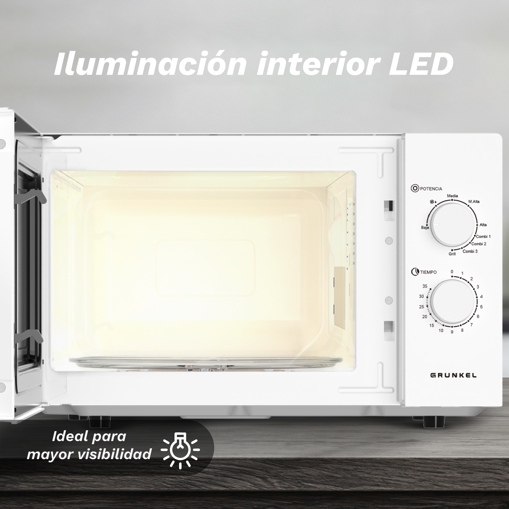 Un horno microondas blanco con la puerta abierta. Tiene un panel de control y el texto 'Ideal para mayor visibilidad'.