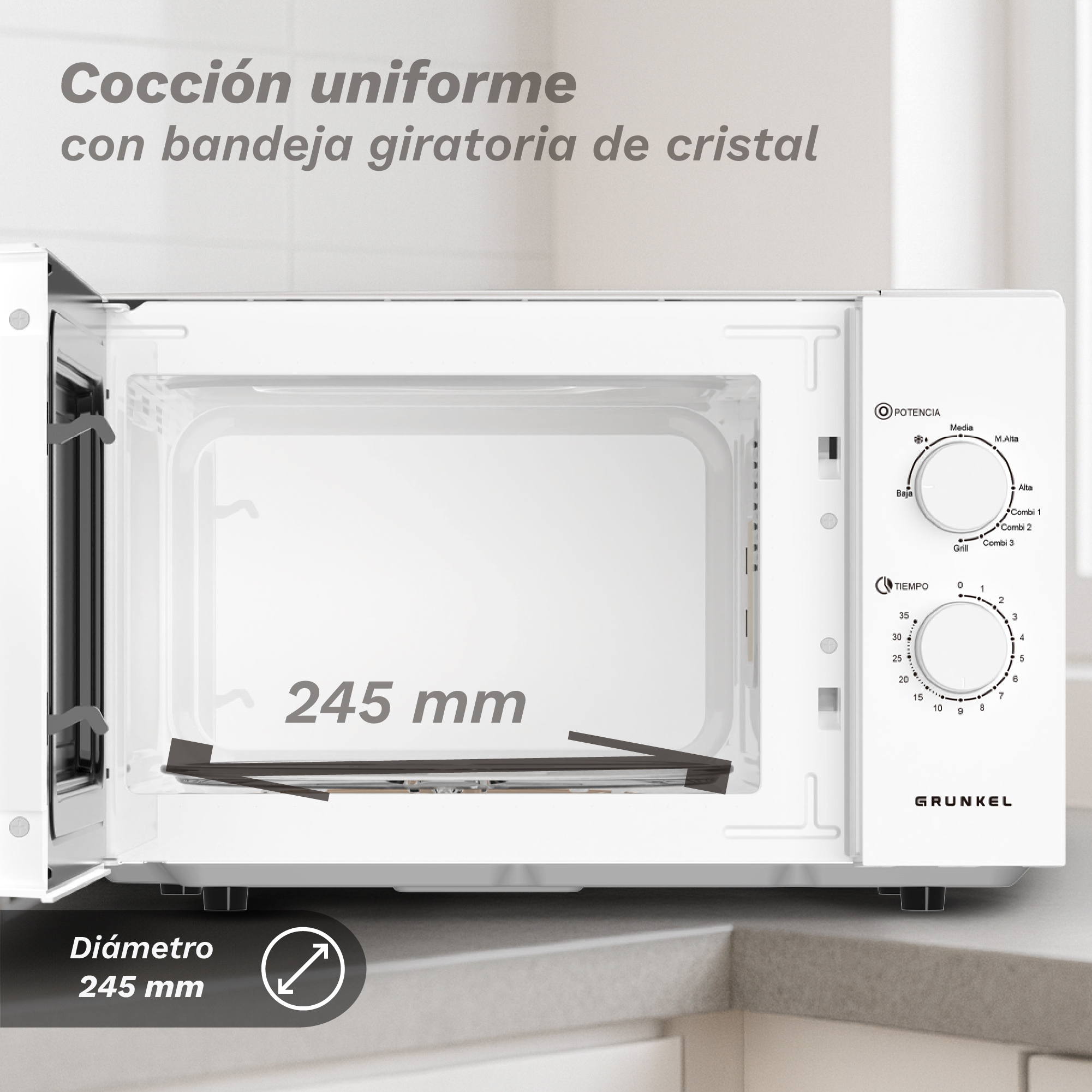 Microondas blanco con puerta abierta, panel de control a la derecha y texto '245 mm' en el interior.