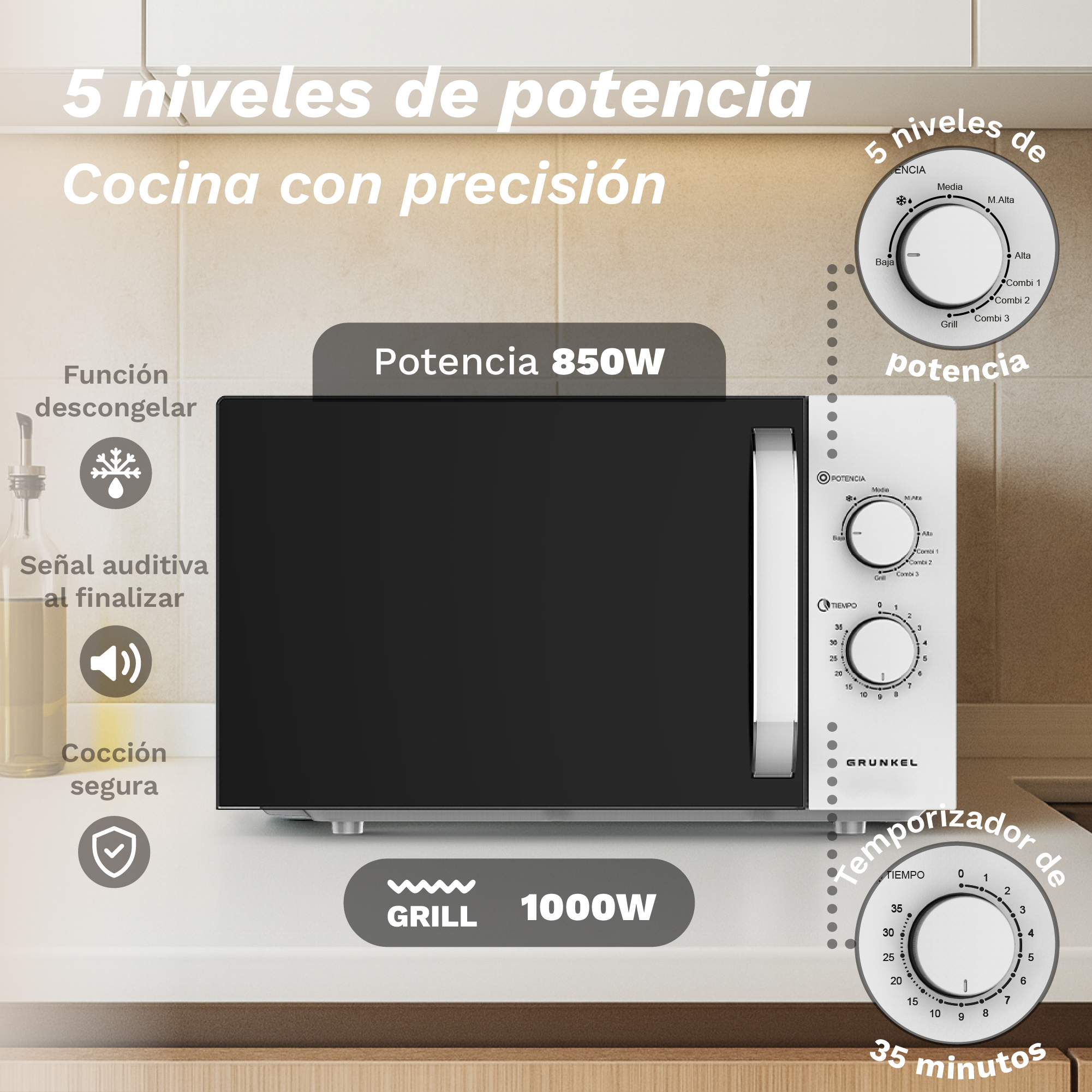 Un horno microondas con mandos y temporizador digital. Tiene ajustes de potencia y grill.