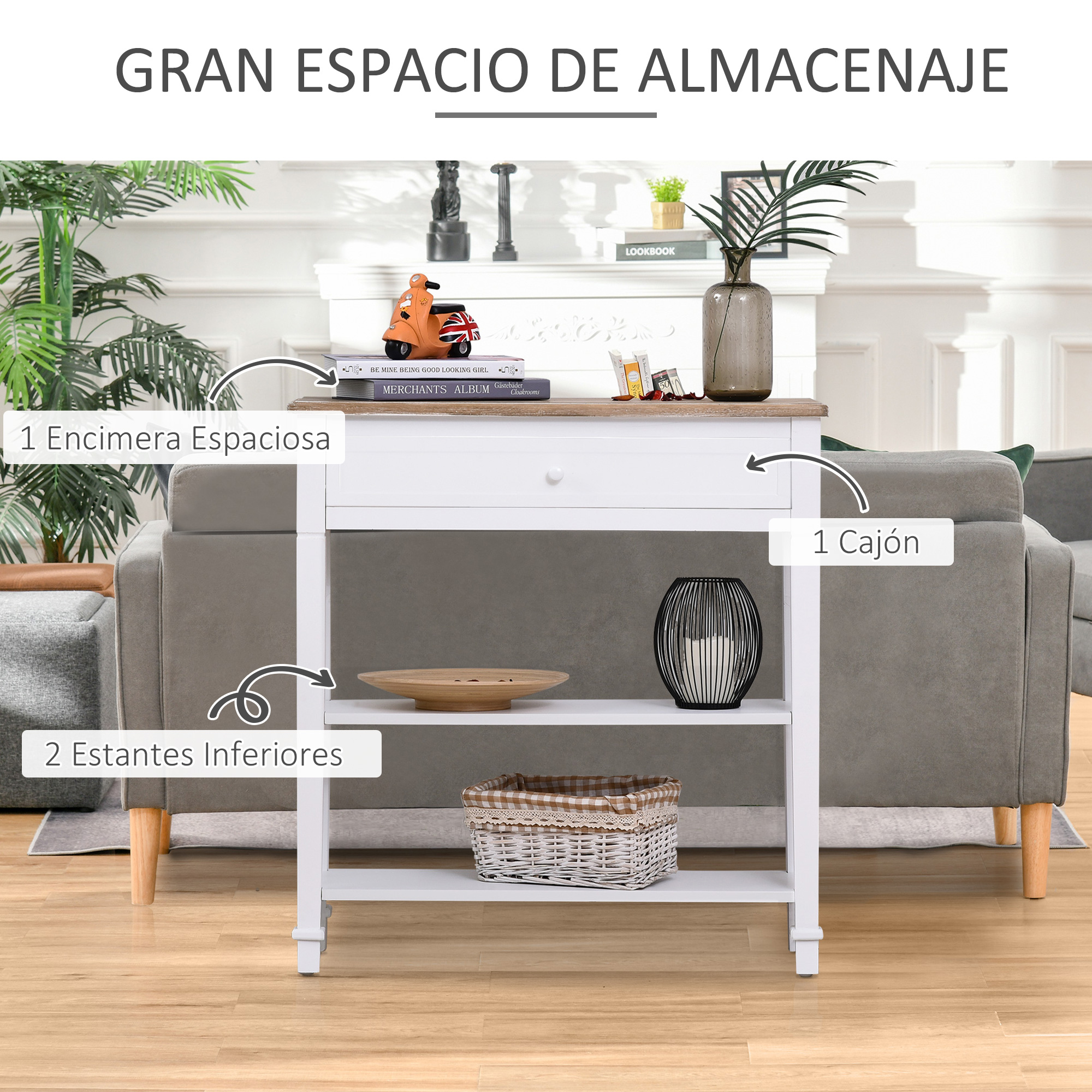 Consola blanca con cajón, estantes y decoración. Hay un scooter, libros y plantas encima.