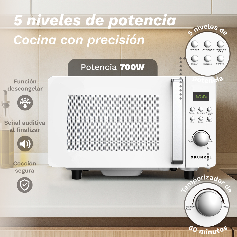Un forno a microonde bianco con pannello di controllo e timer. Il testo in spagnolo pubblicizza funzioni come i livelli di potenza e la cottura sicura.
