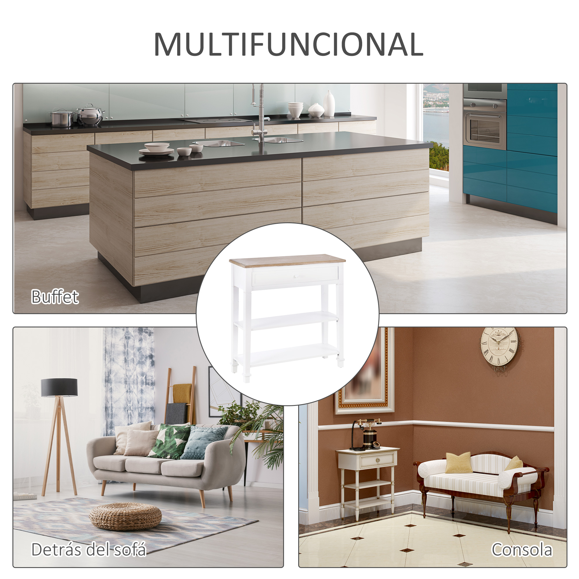 La imagen muestra una escena de cocina con una isla central y una mesa auxiliar blanca, además de un salón con sofá.