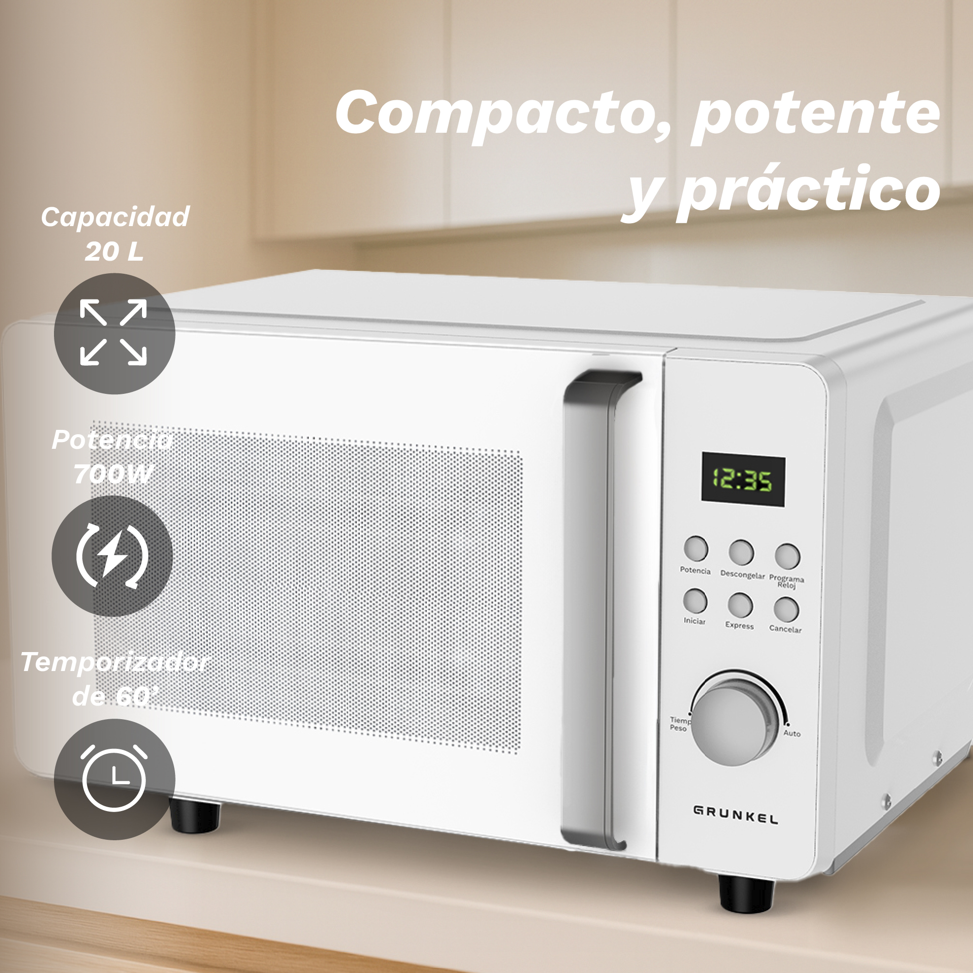 Un forno a microonde bianco con un orologio digitale che mostra 12:35. Ha diversi pulsanti e un quadrante. Il marchio è Grunkel.