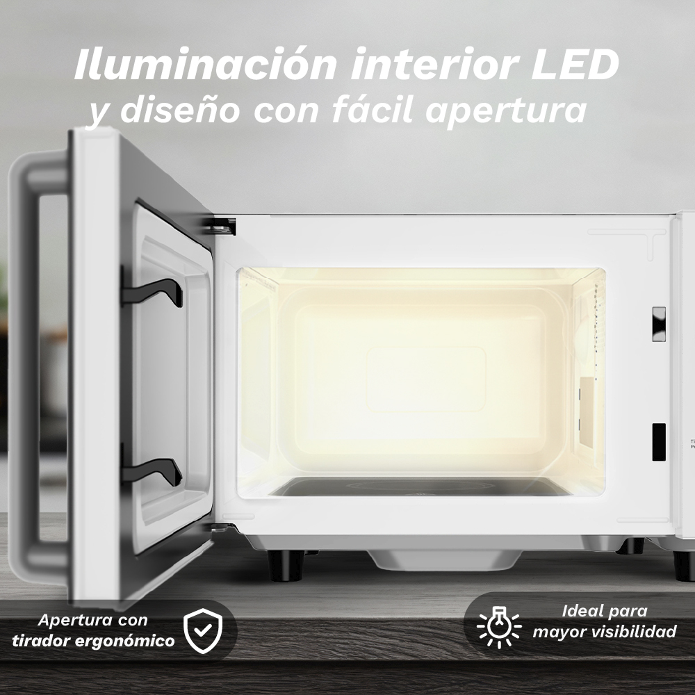 Un forno a microonde bianco con la porta aperta, che mostra l'interno illuminato da una luce gialla. Il testo recita 'Illuminazione interna a LED'.