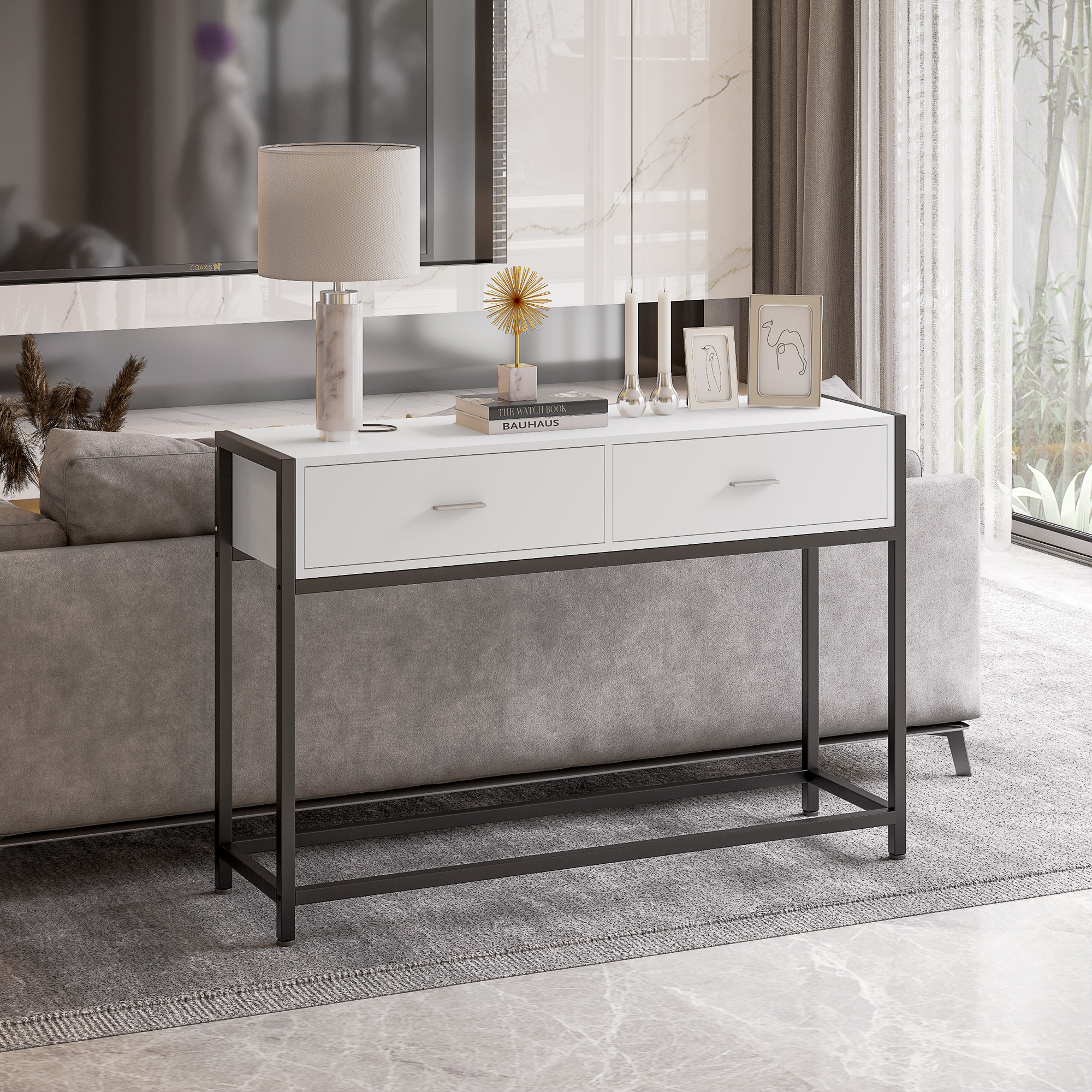 Una sala de estar moderna con una consola blanca, lámpara, decoración y un sofá gris. Un televisor y una ventana en el fondo.