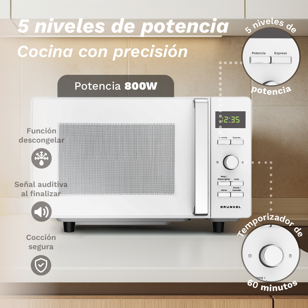 Se muestra un horno microondas blanco con pantalla digital y panel de control. El texto destaca características como niveles de potencia y ajustes del temporizador.