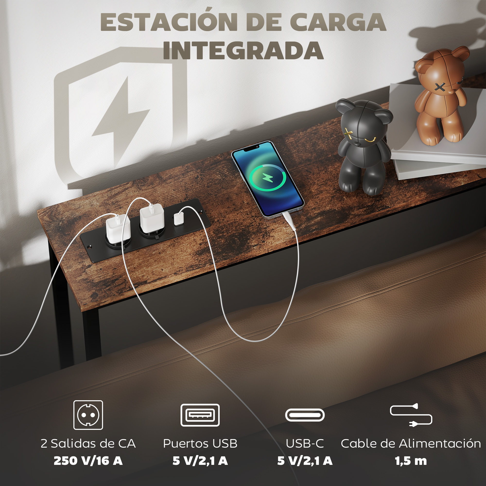Una estación de carga con teléfono, enchufes y osos de juguete. Un teléfono cargando con un icono de rayo verde.