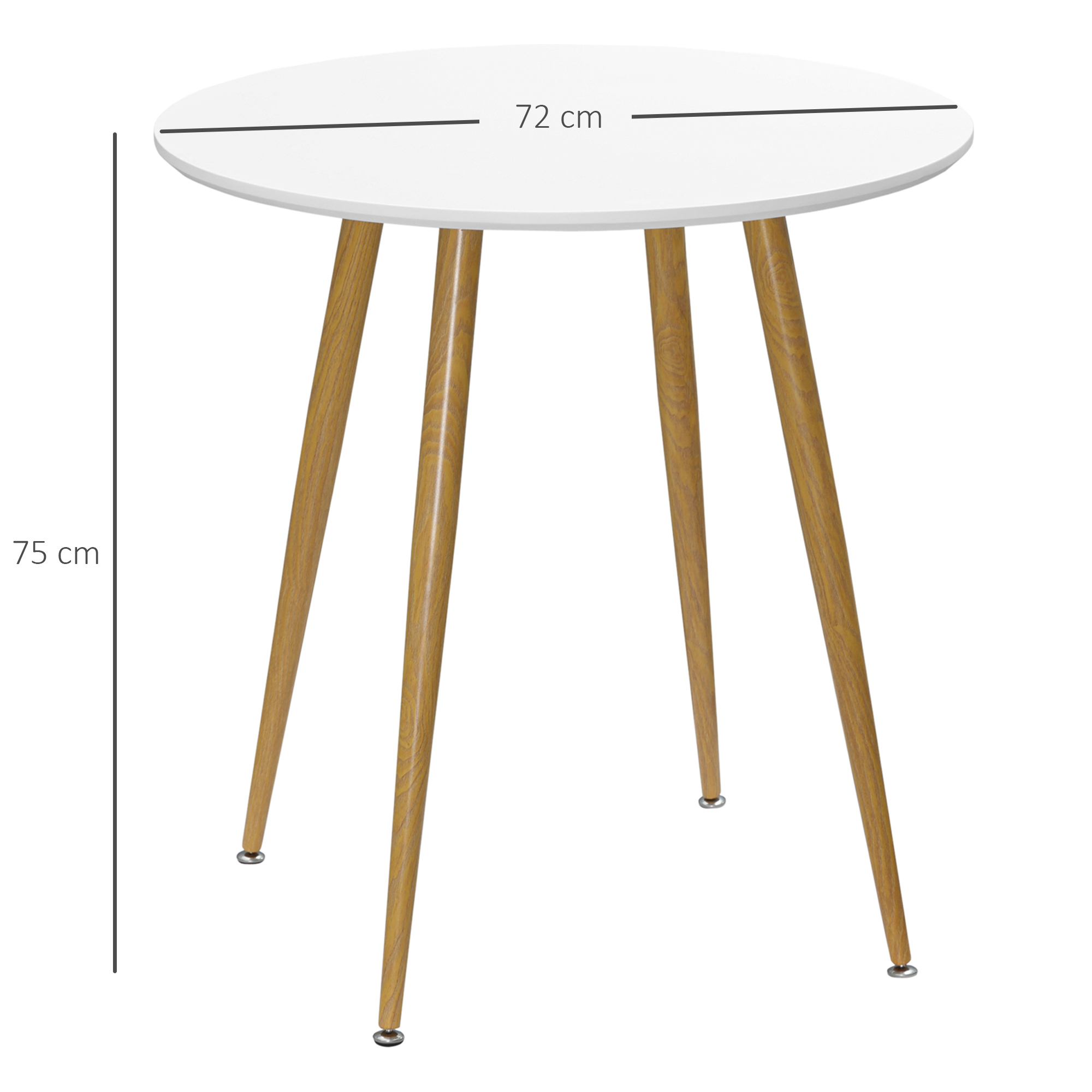 Una mesa redonda blanca con patas de madera. El diámetro es de 72 cm y la altura de 75 cm. Aislada sobre fondo blanco.