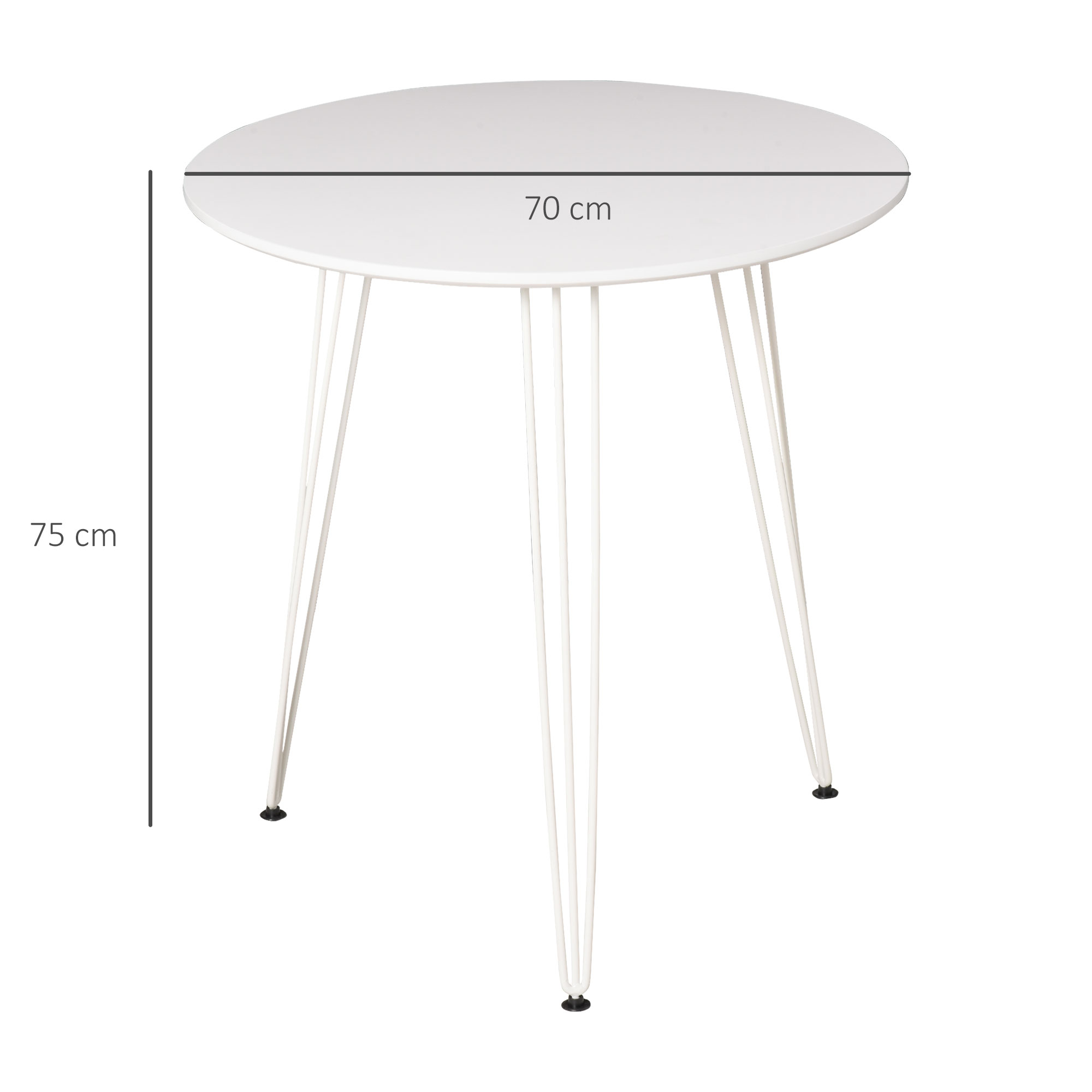 Una mesa redonda blanca con patas blancas y delgadas. Dimensiones: 70 cm de diámetro, 75 cm de altura. Aislada sobre fondo blanco.