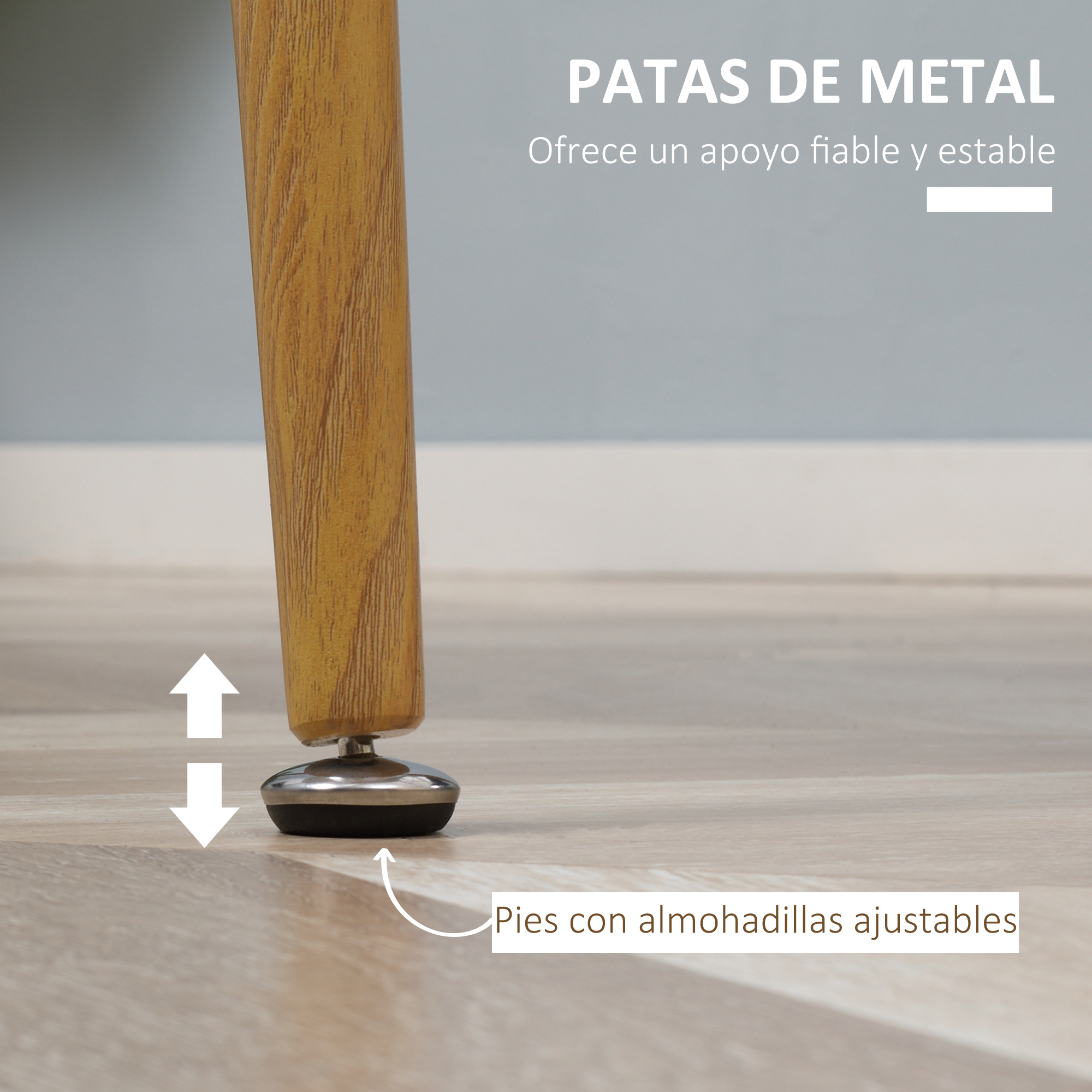 Primer plano de una pata de mesa de madera con pies ajustables. La pata es marrón con base metálica.